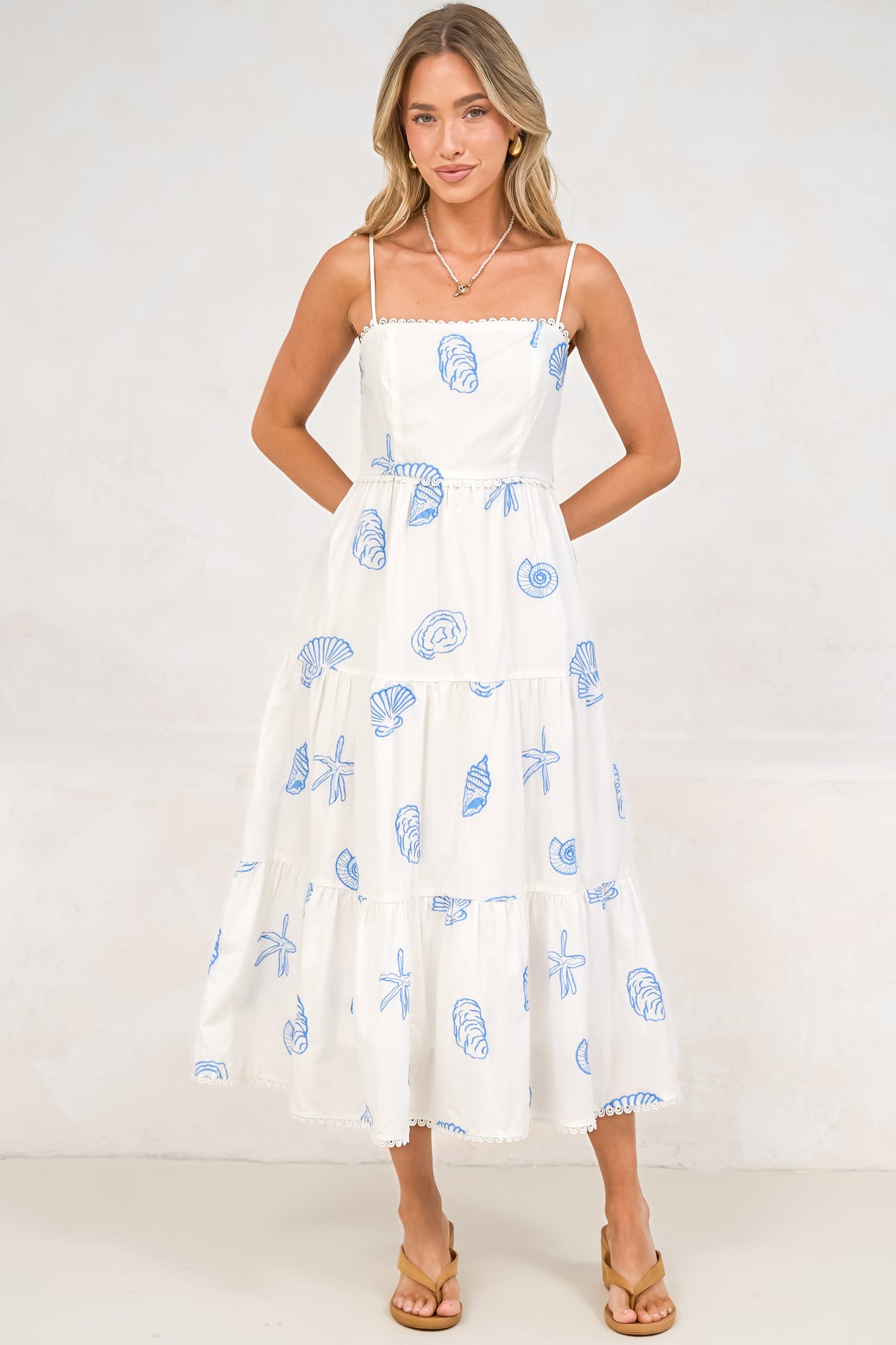 Viliana Midi Dress - Lace Trim Square Neck Tiered Sun Dress with Pockets in Opaline Print