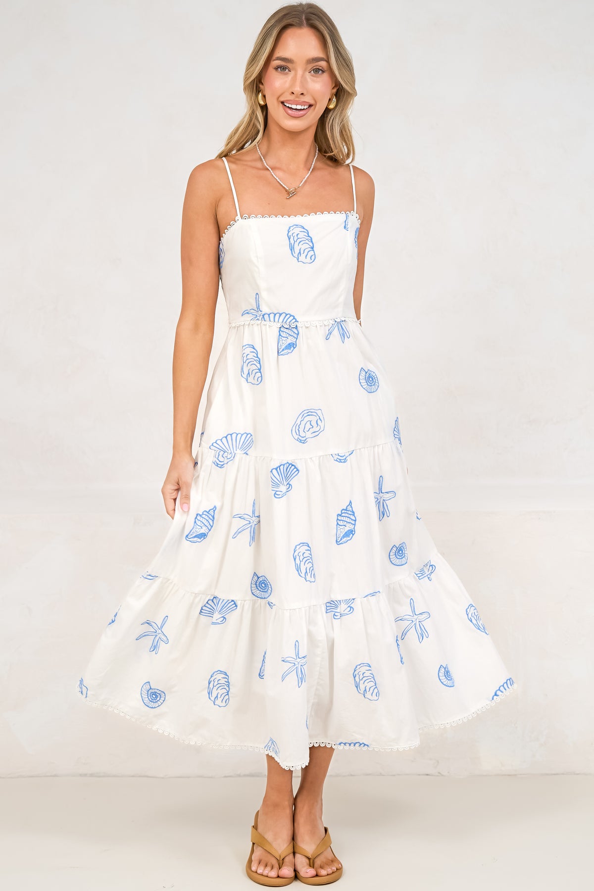 Viliana Midi Dress - Lace Trim Square Neck Tiered Sun Dress with Pockets in Opaline Print