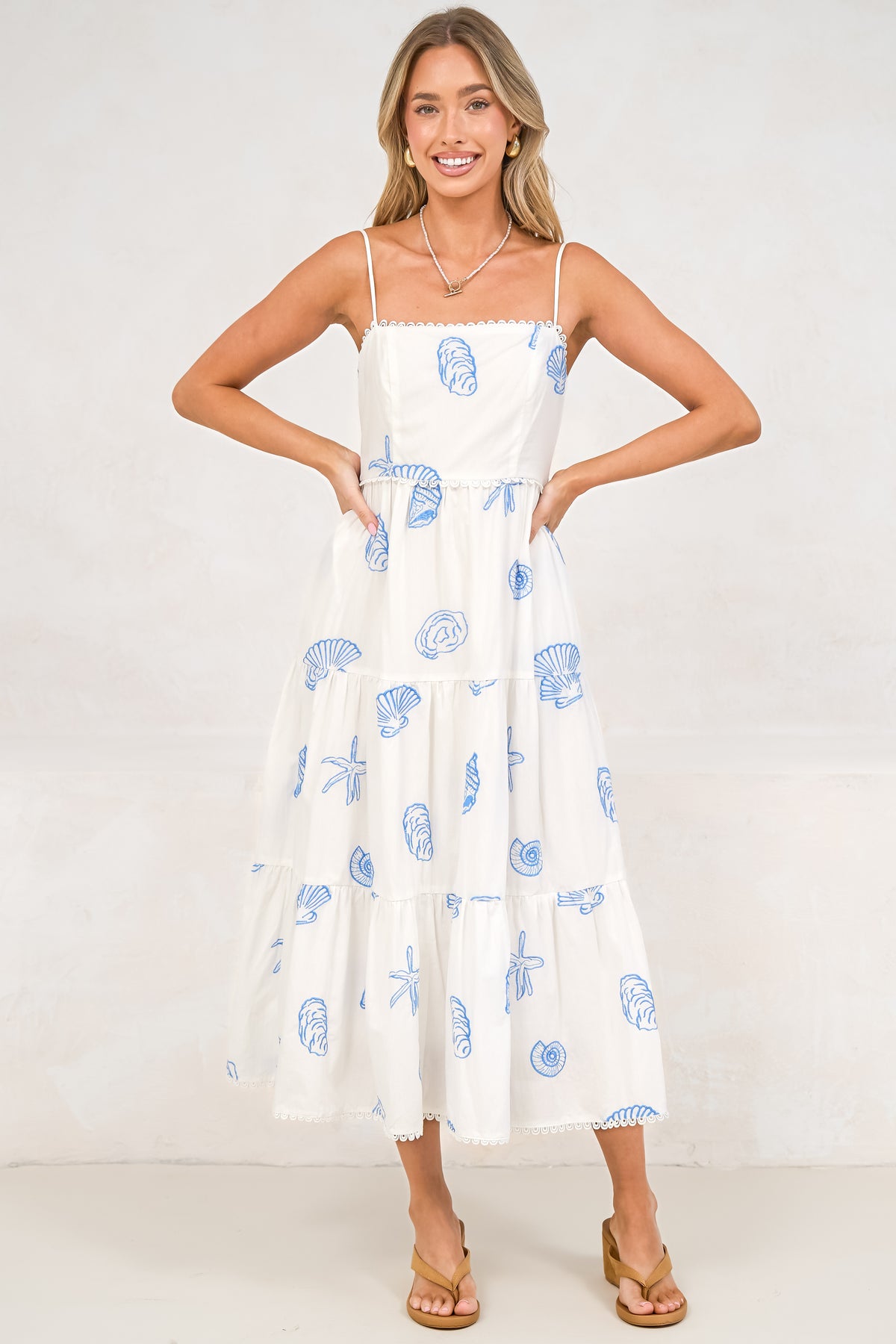 Viliana Midi Dress - Lace Trim Square Neck Tiered Sun Dress with Pockets in Opaline Print