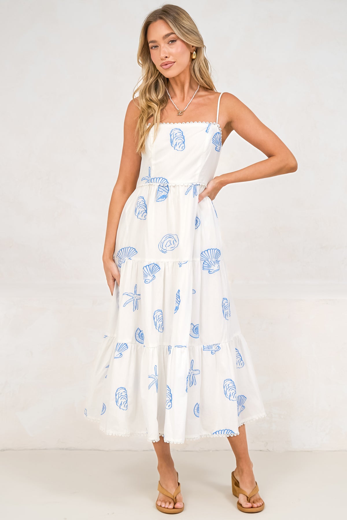 Viliana Midi Dress - Lace Trim Square Neck Tiered Sun Dress with Pockets in Opaline Print