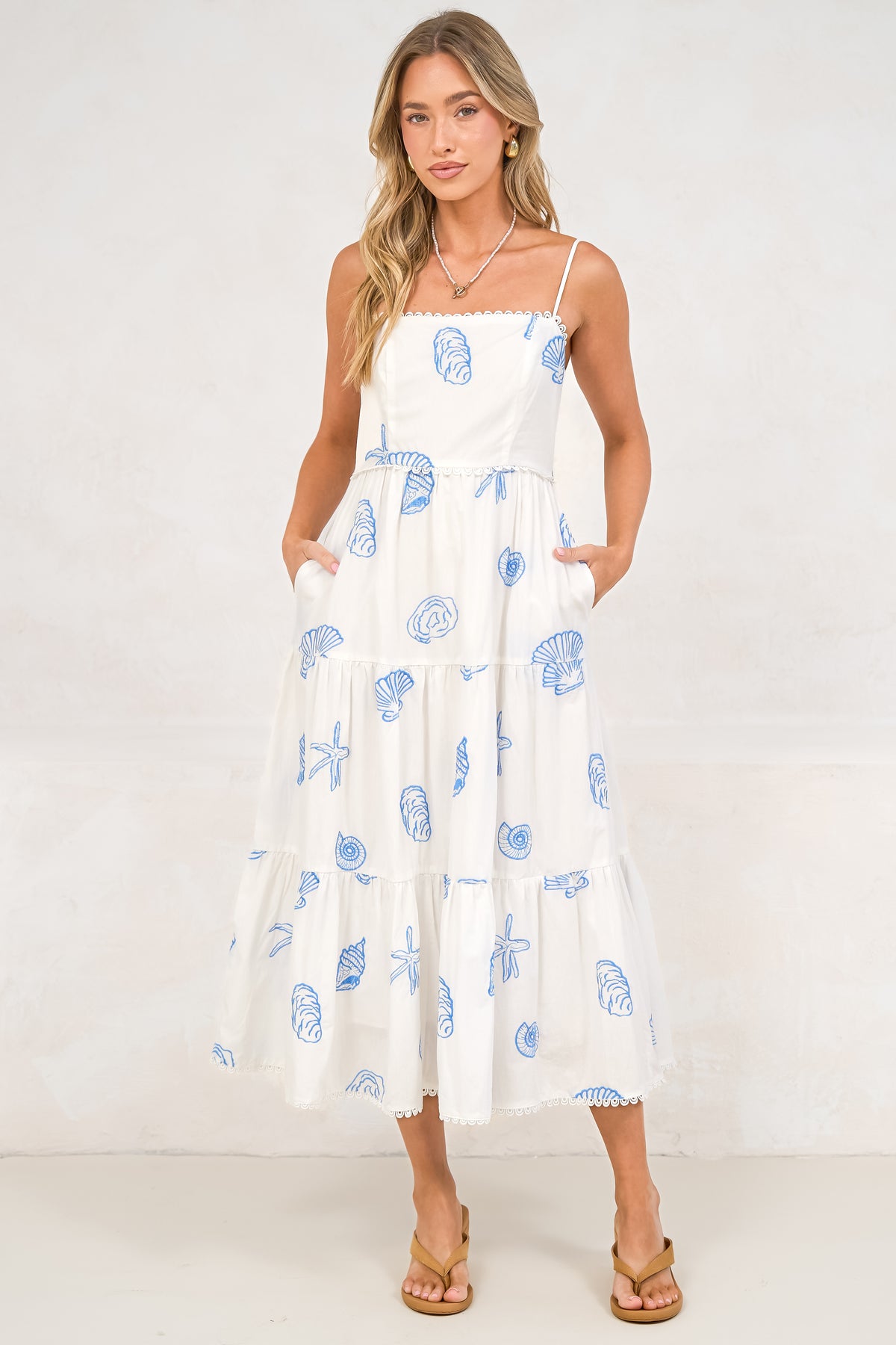 Viliana Midi Dress - Lace Trim Square Neck Tiered Sun Dress with Pockets in Opaline Print