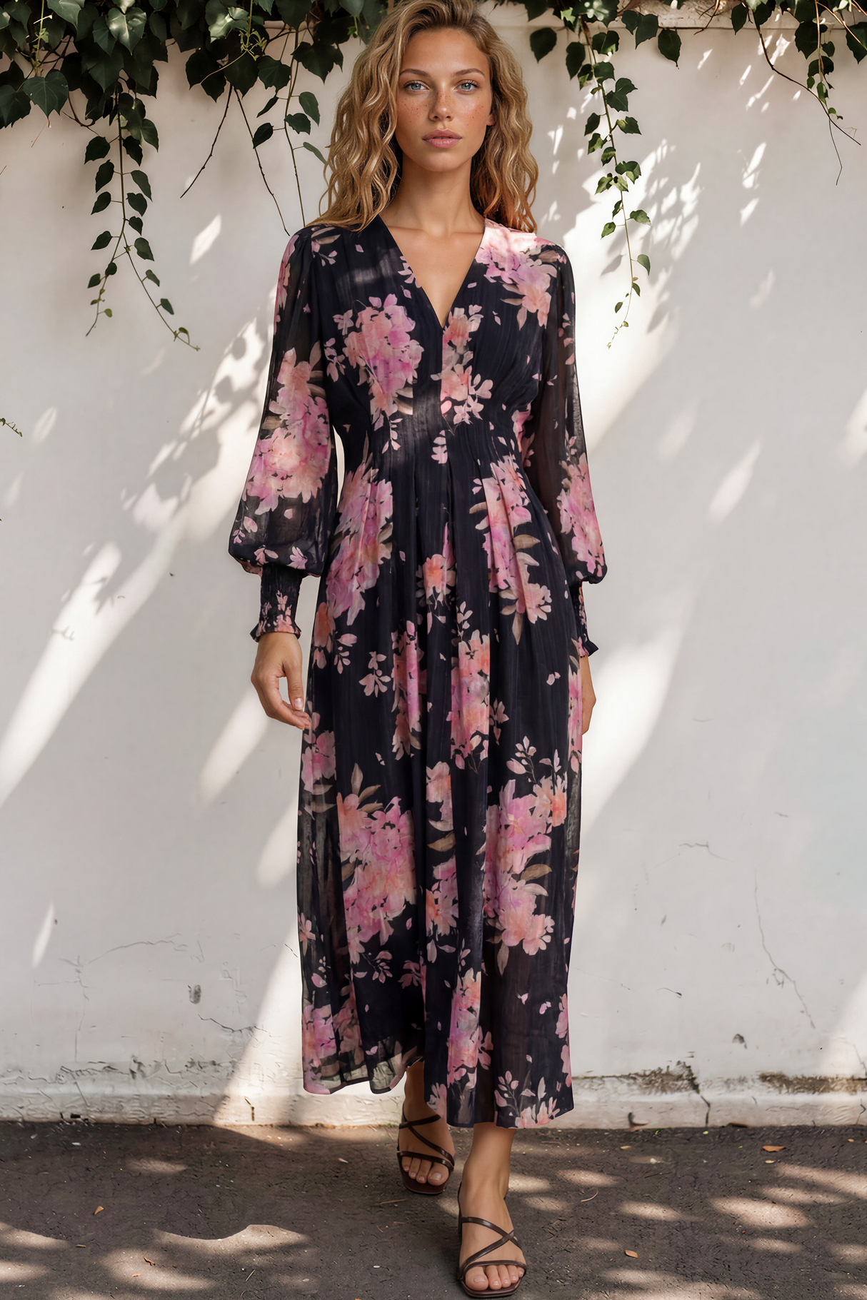 Woman wearing a floral dress against a white wall with greenery.