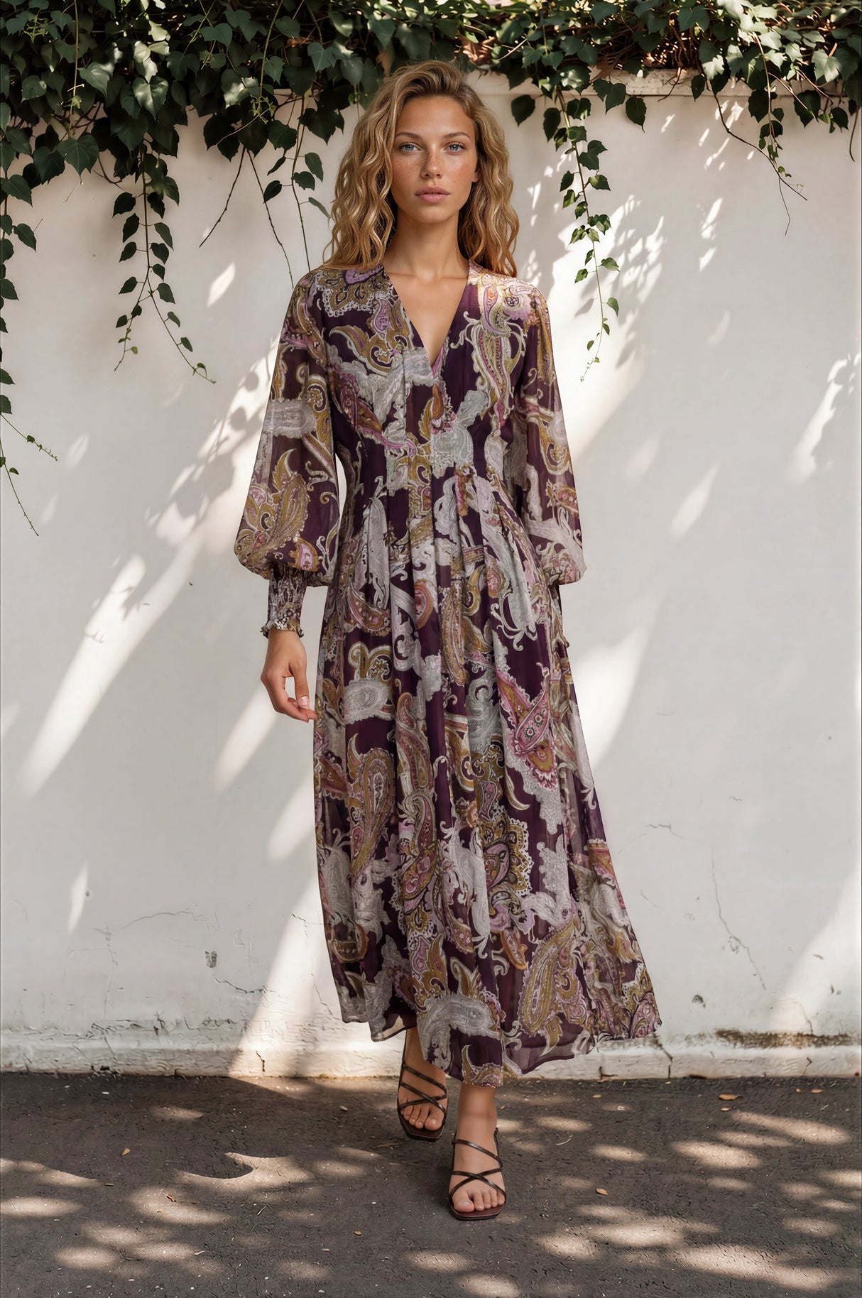 Woman wearing a long, patterned dress standing against a white wall with greenery.