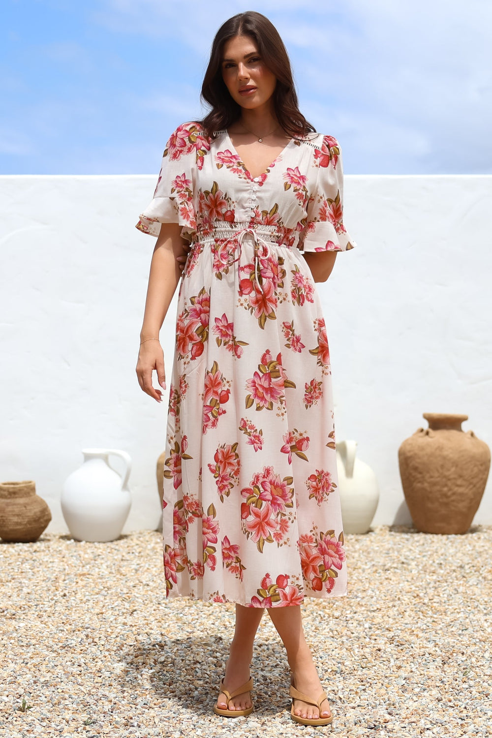 Vinnie Midi Dress - V-Neck Dress with Short Flutter Sleeves in Rosita Print