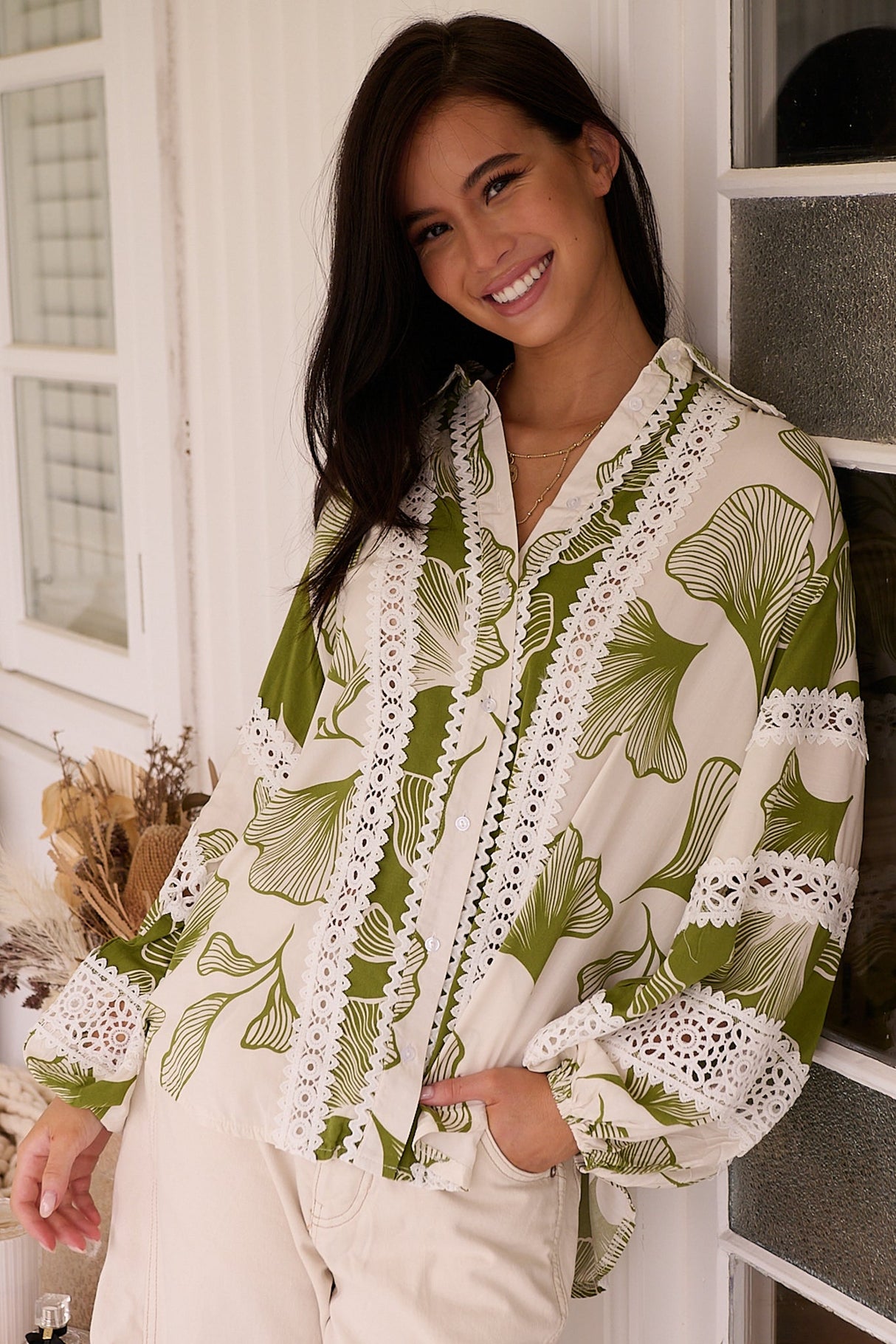 Viola Blouse - Collared Lace Spliced Button Down Blouse in Emery Print
