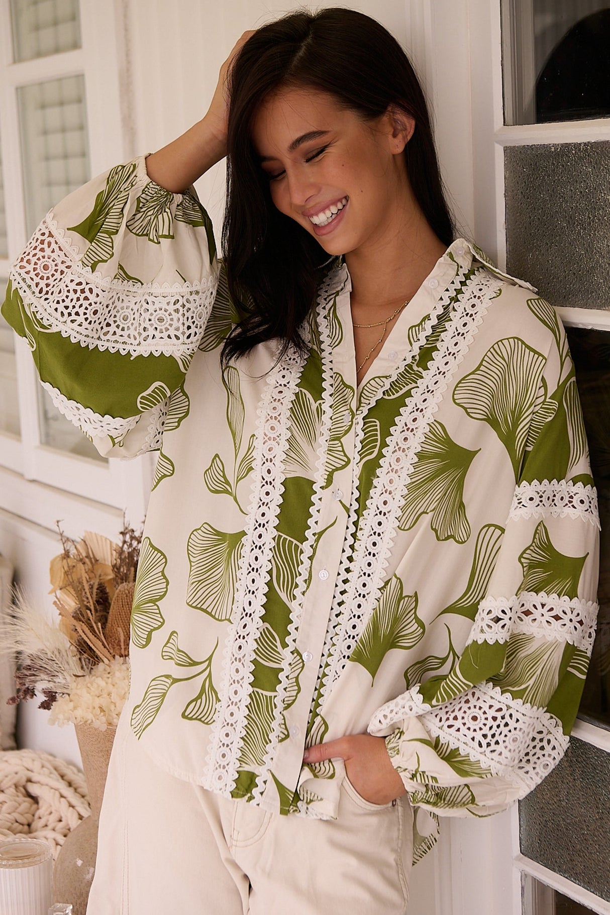 Viola Blouse - Collared Lace Spliced Button Down Blouse in Emery Print