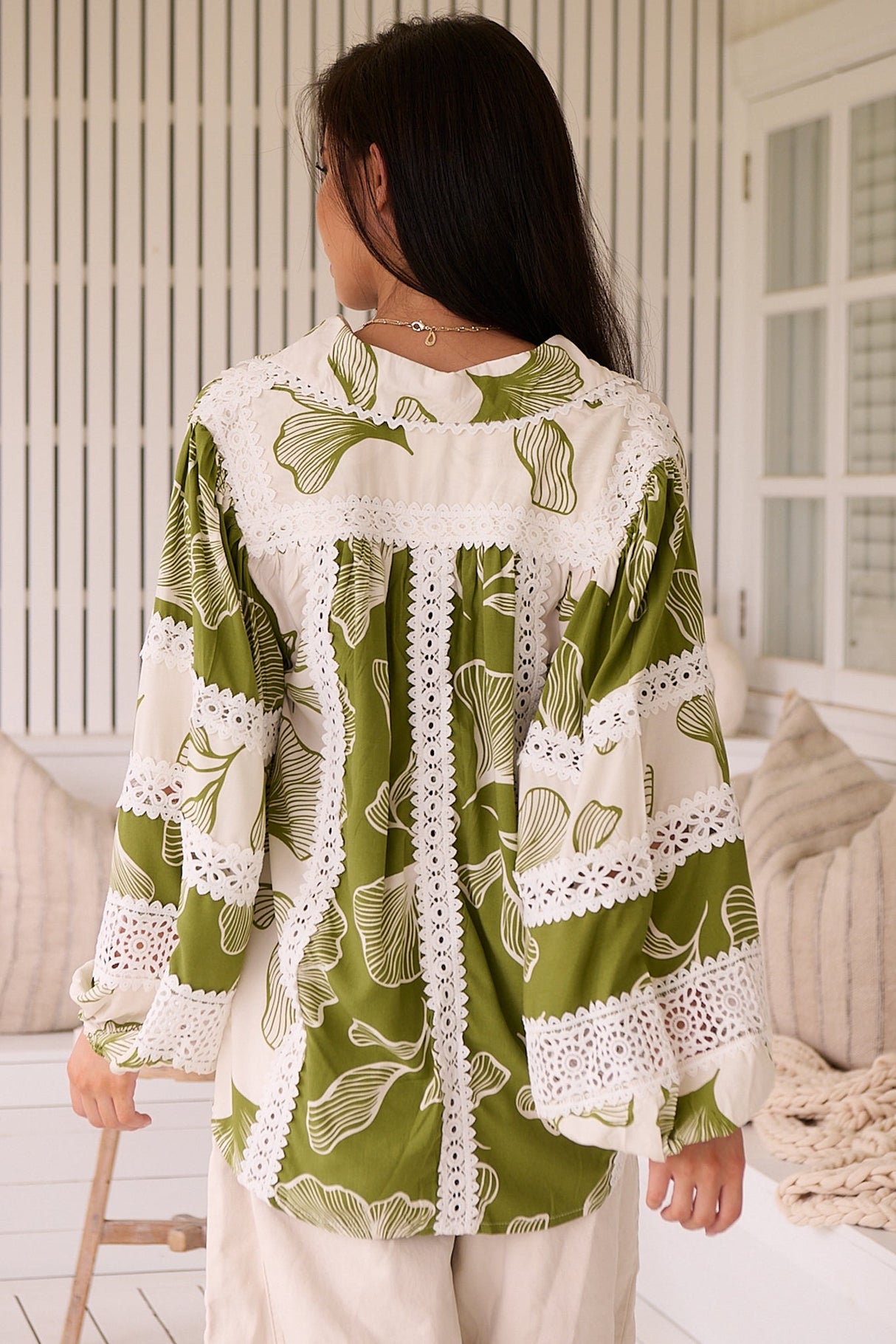 Viola Blouse - Collared Lace Spliced Button Down Blouse in Emery Print