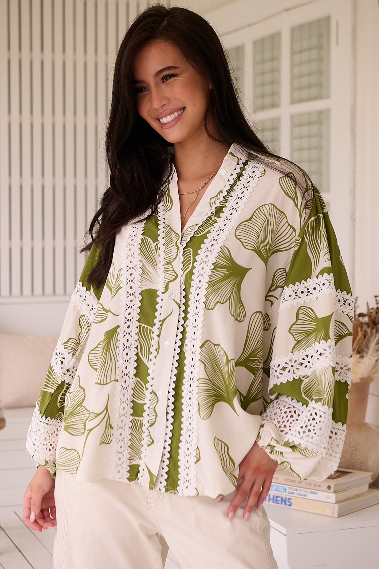 Viola Blouse - Collared Lace Spliced Button Down Blouse in Emery Print