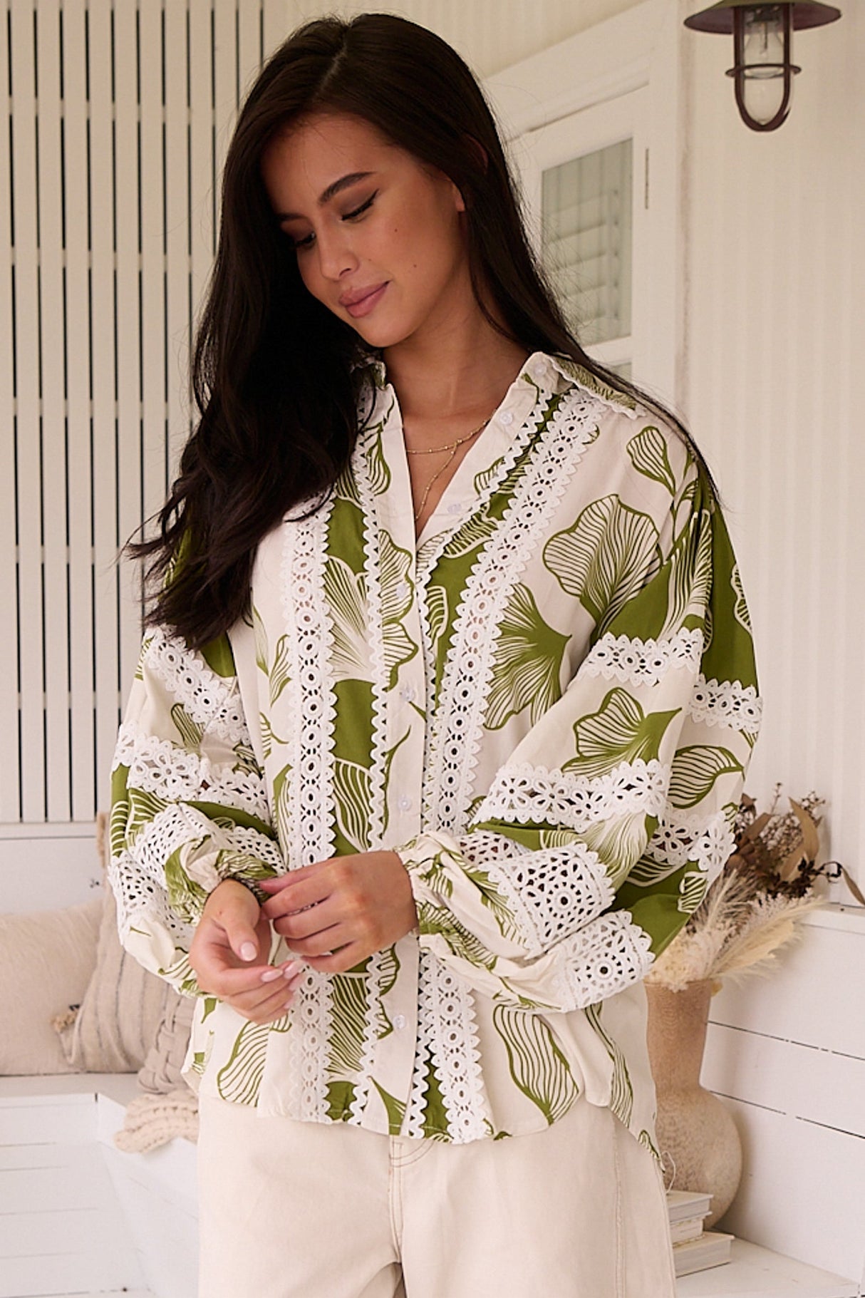 Viola Blouse - Collared Lace Spliced Button Down Blouse in Emery Print