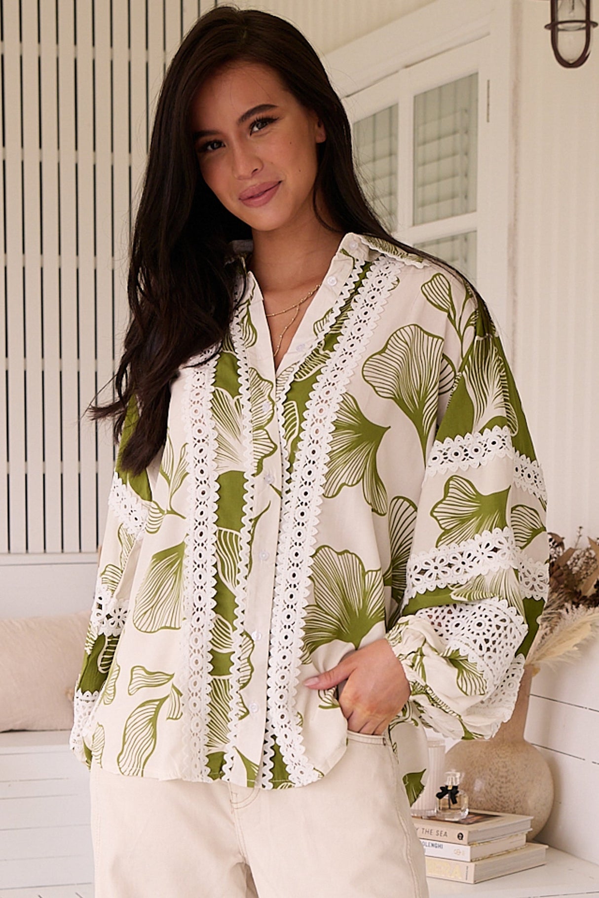 Viola Blouse - Collared Lace Spliced Button Down Blouse in Emery Print