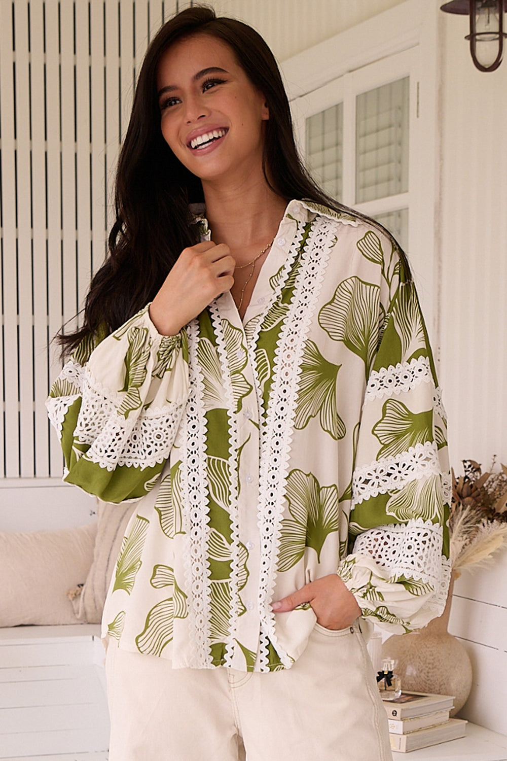 Viola Blouse - Collared Lace Spliced Button Down Blouse in Emery Print