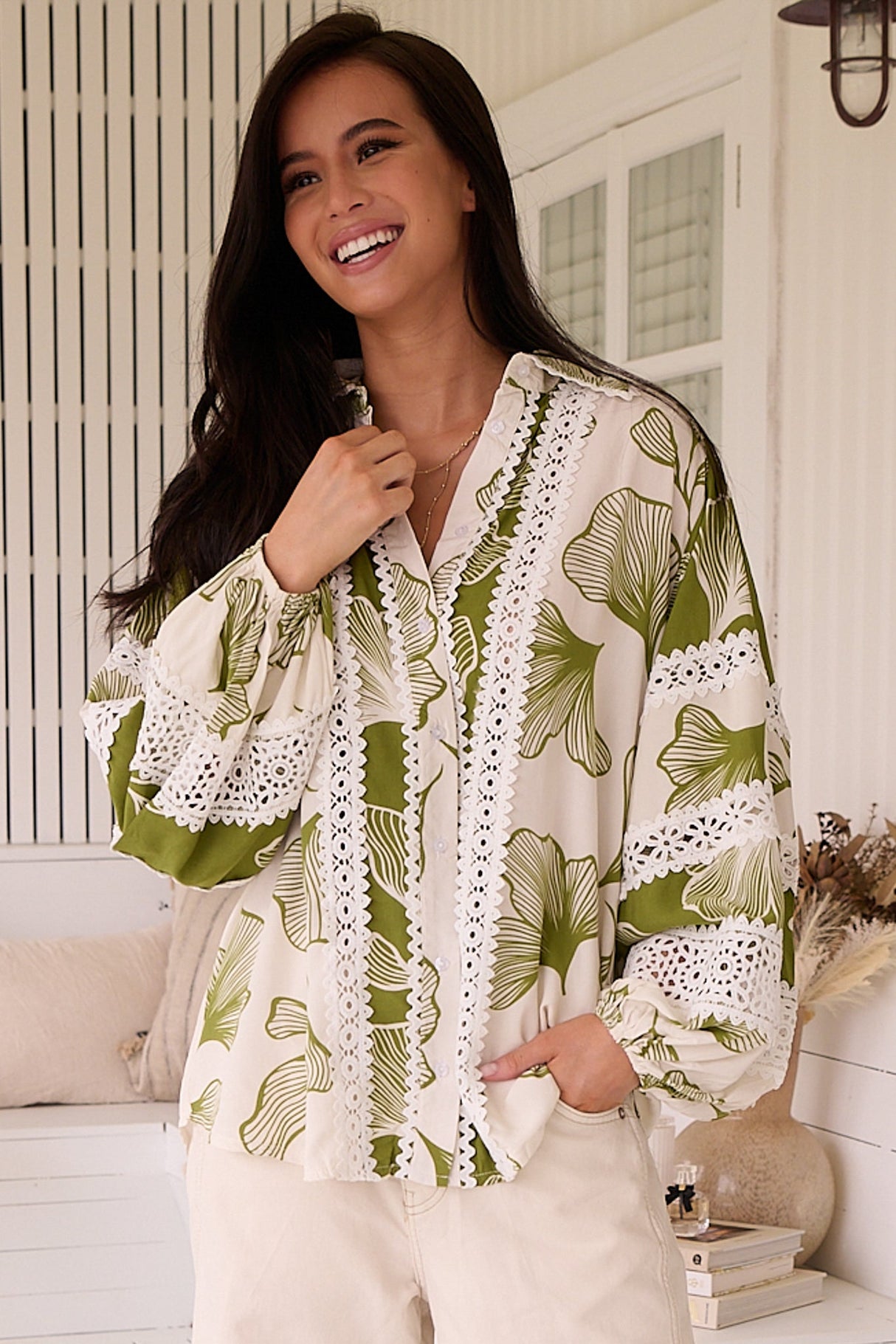Viola Blouse - Collared Lace Spliced Button Down Blouse in Emery Print
