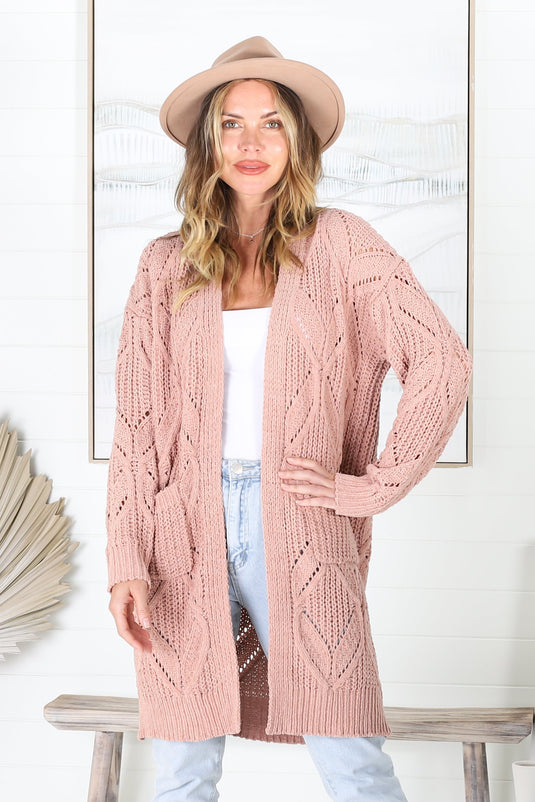 Viola Cardigan - Open Knit Long Sleeve Cardigan with Pocket in Blush