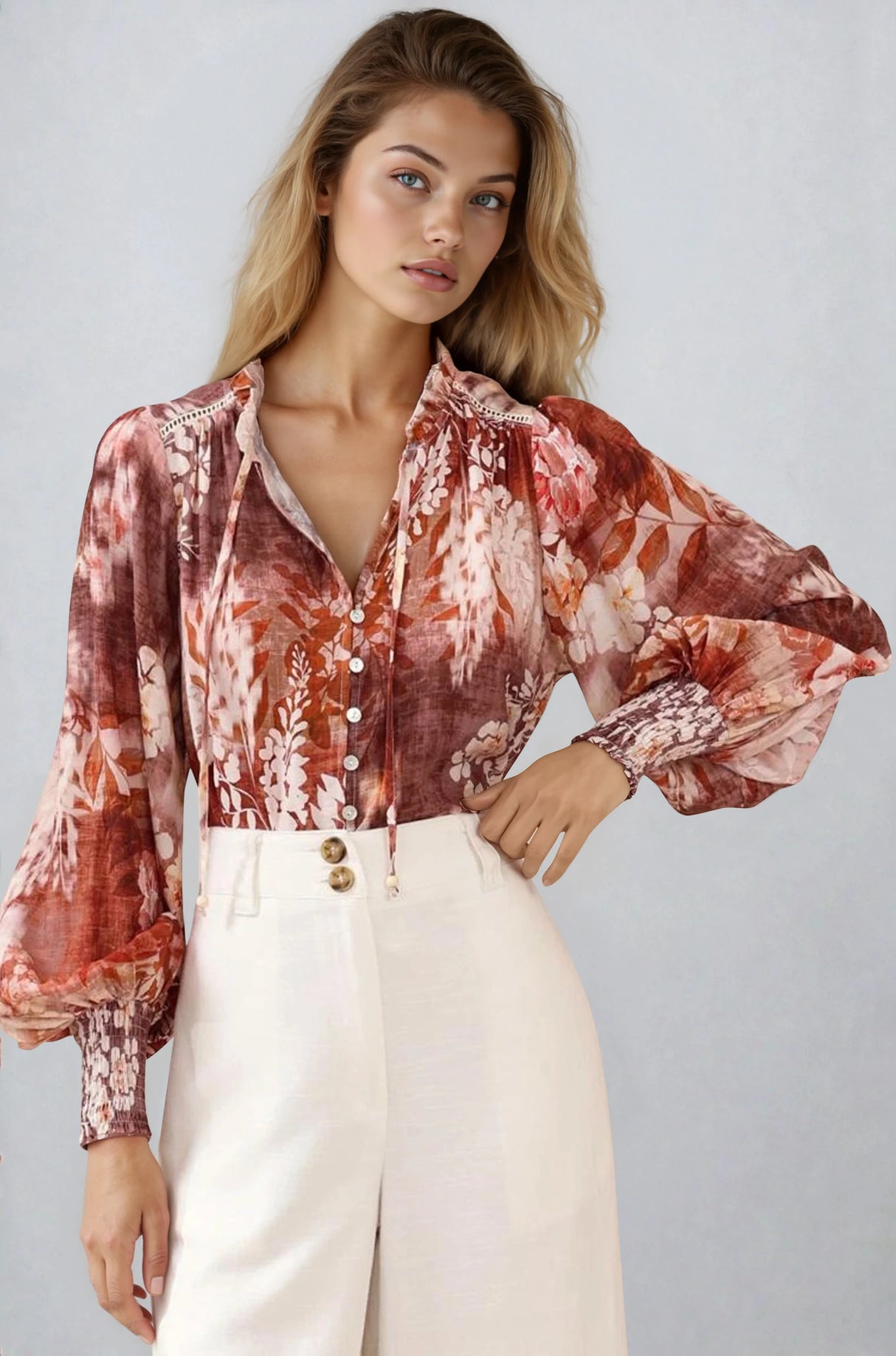 Violet Blouse - Frill Collar Button Down Balloon Sleeve Blouse In Ashara Print