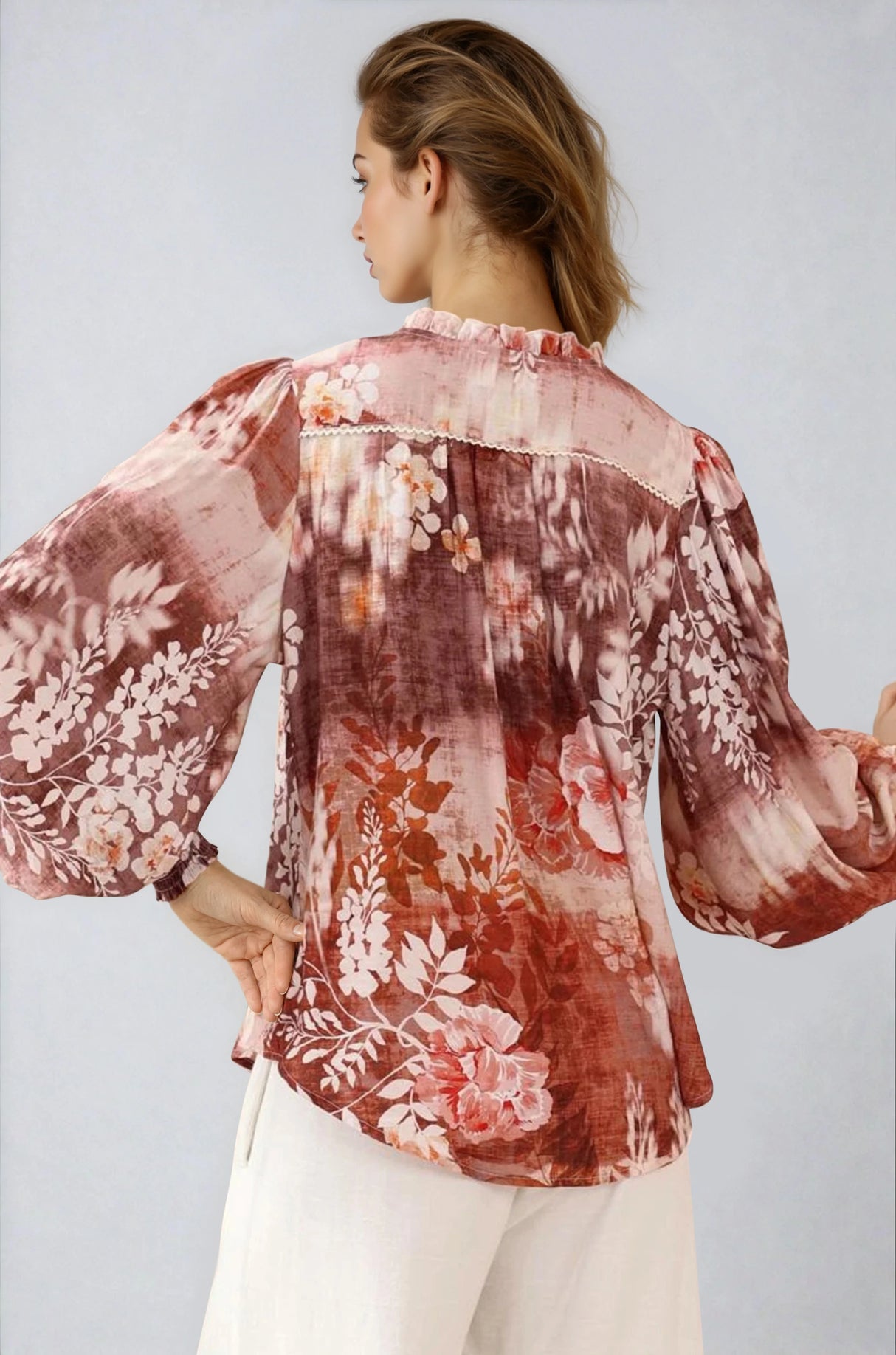 Violet Blouse - Frill Collar Button Down Balloon Sleeve Blouse In Ashara Print