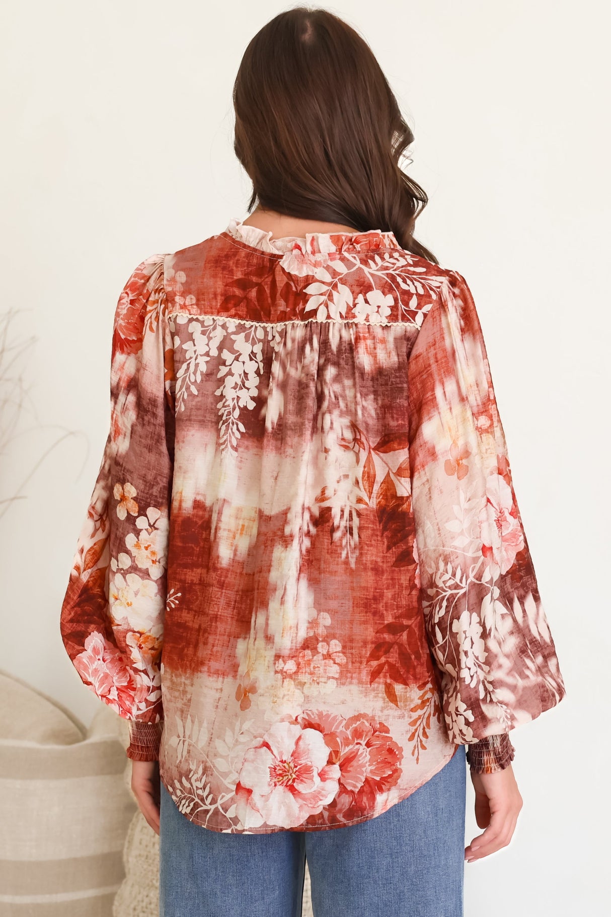 Violet Blouse - Frill Collar Button Down Balloon Sleeve Blouse In Ashara Print