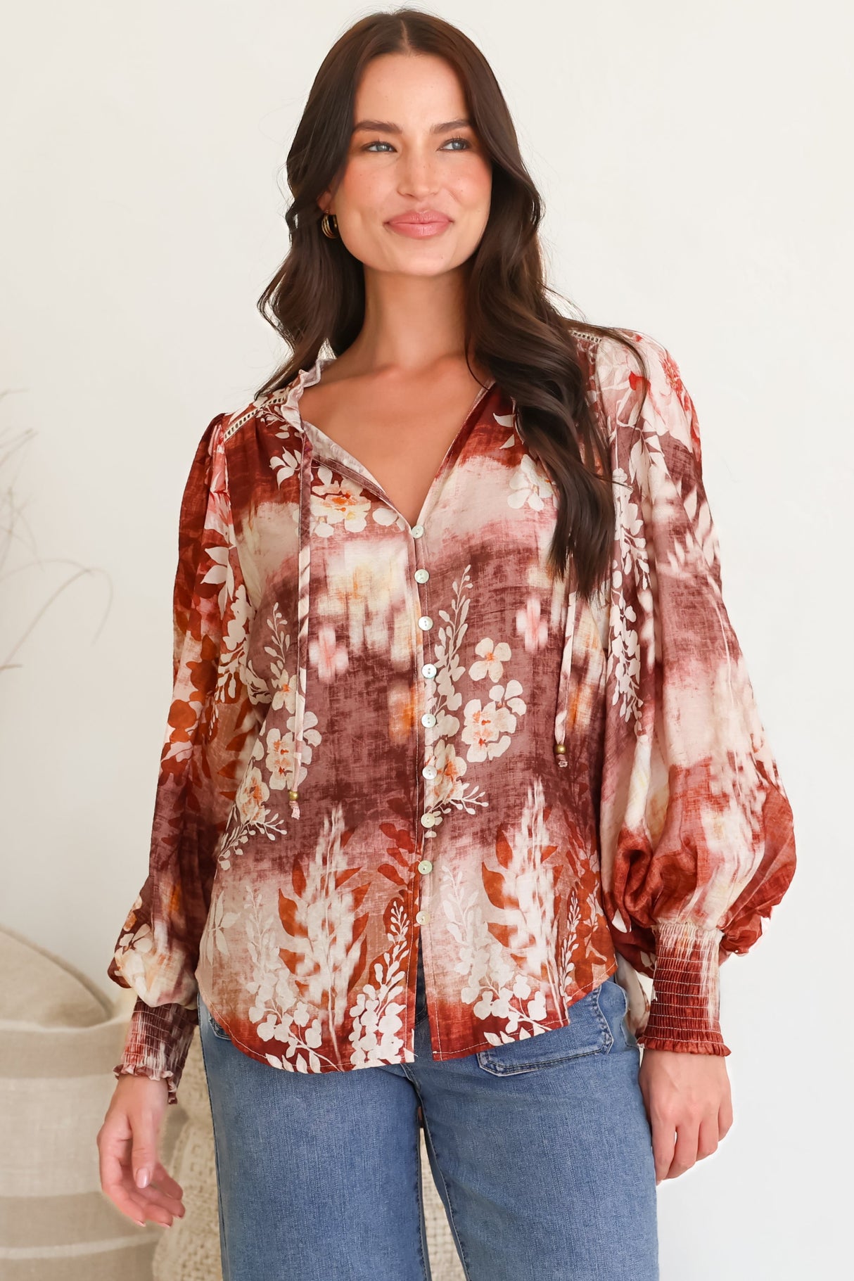 Violet Blouse - Frill Collar Button Down Balloon Sleeve Blouse In Ashara Print