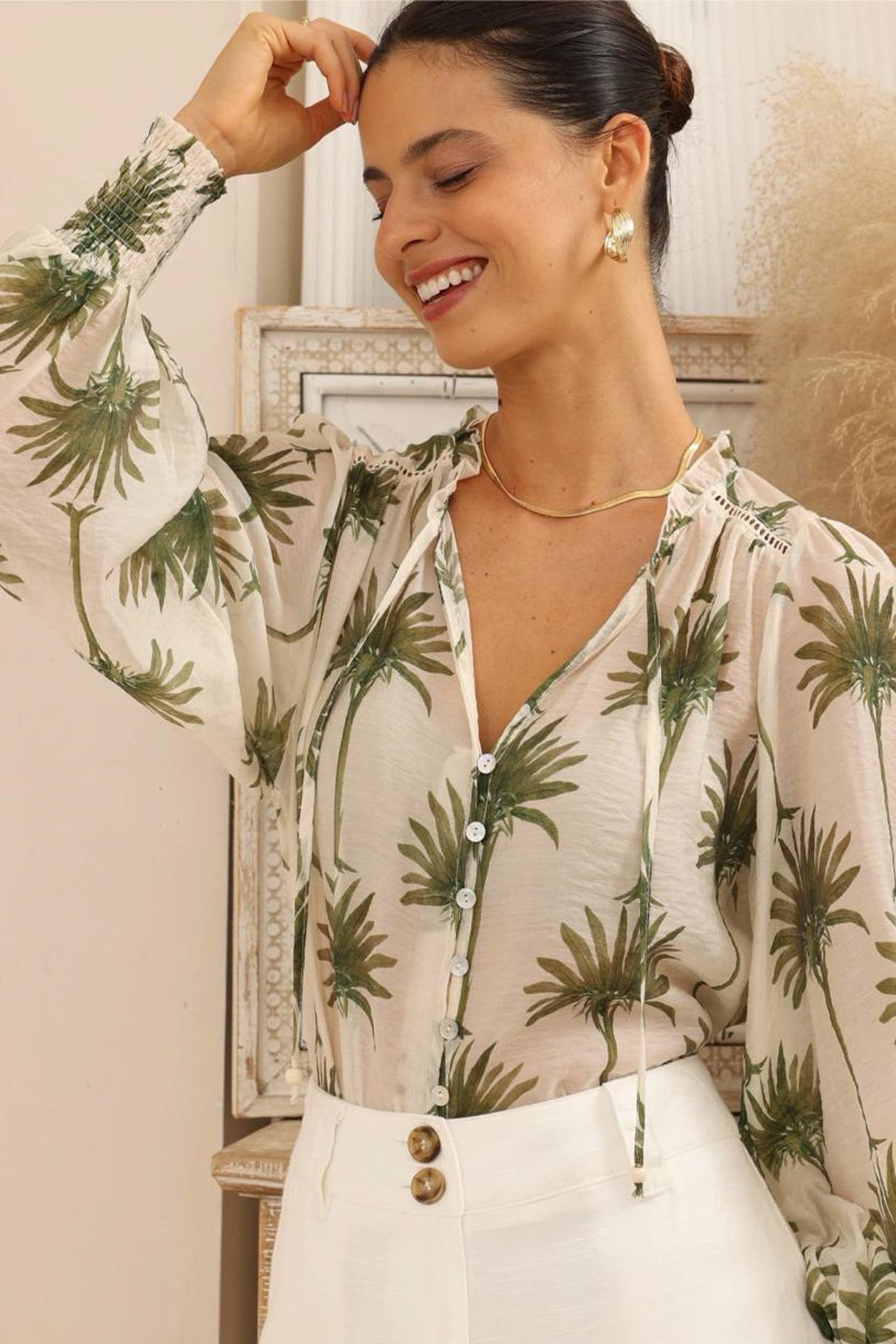 Violet Blouse - Frill Collar Button Down Balloon Sleeve Blouse In Brooks Print