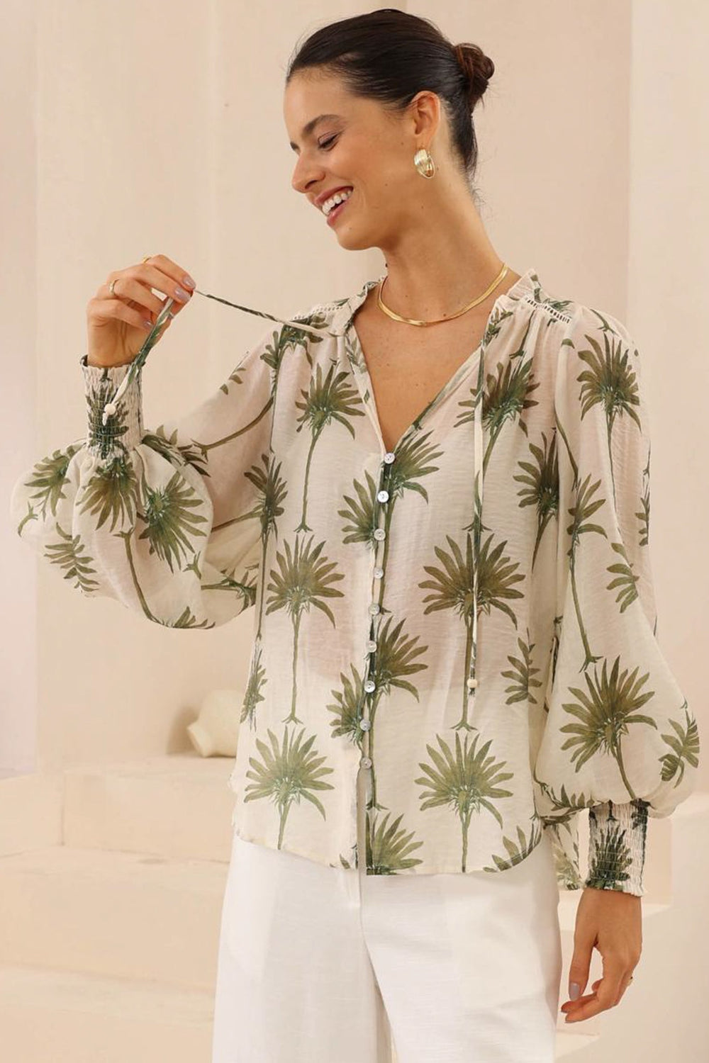Violet Blouse - Frill Collar Button Down Balloon Sleeve Blouse In Brooks Print