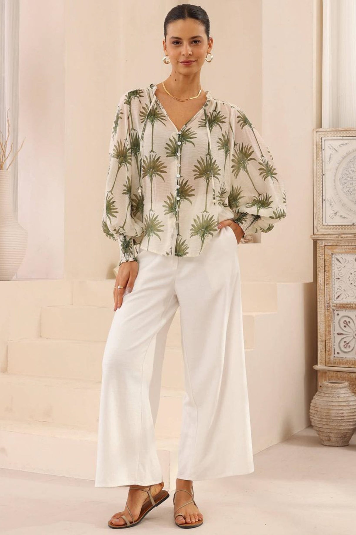 Violet Blouse - Frill Collar Button Down Balloon Sleeve Blouse In Brooks Print