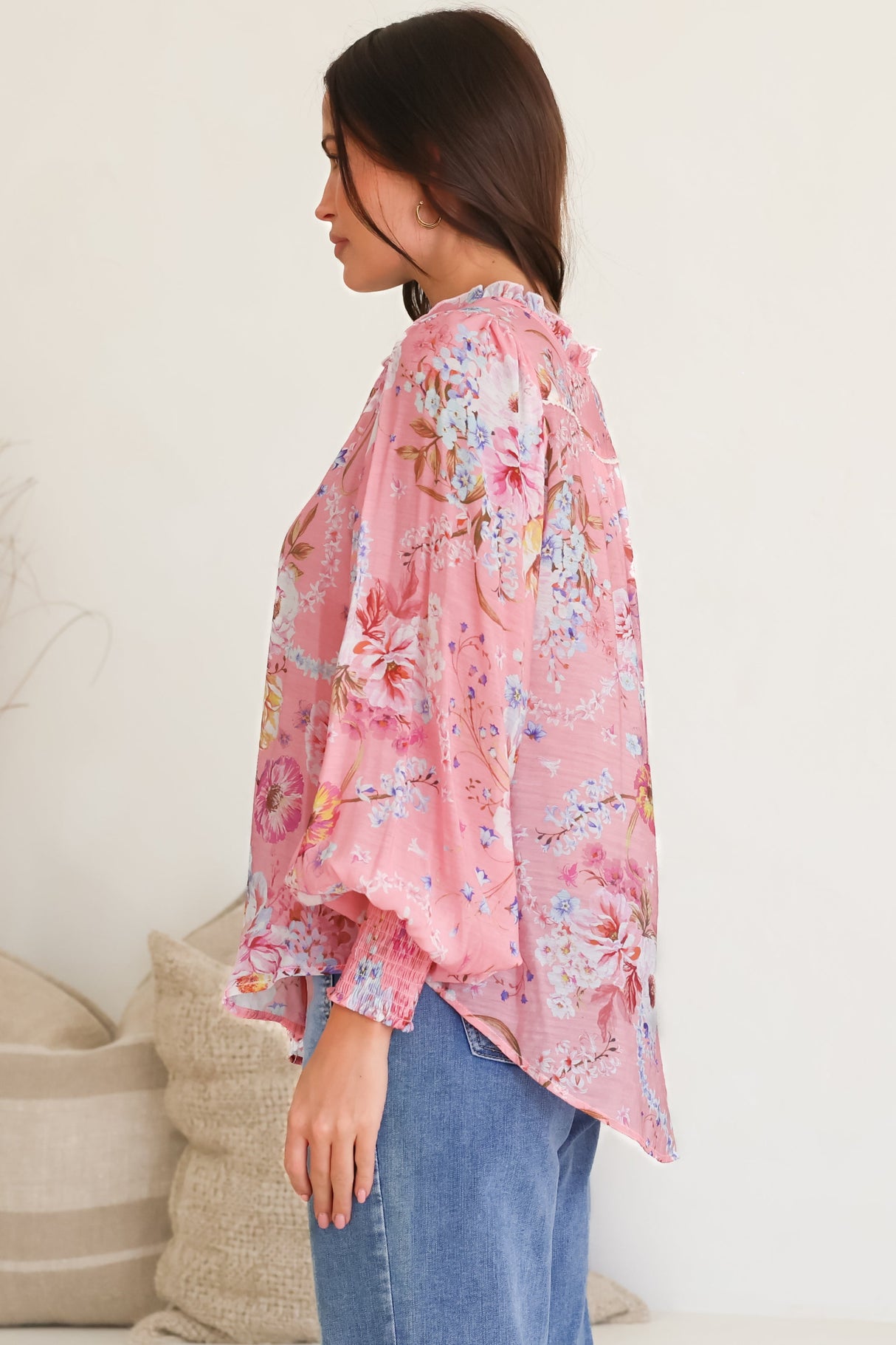 Violet Blouse - Frill Collar Button Down Balloon Sleeve Blouse In Ginnee Print