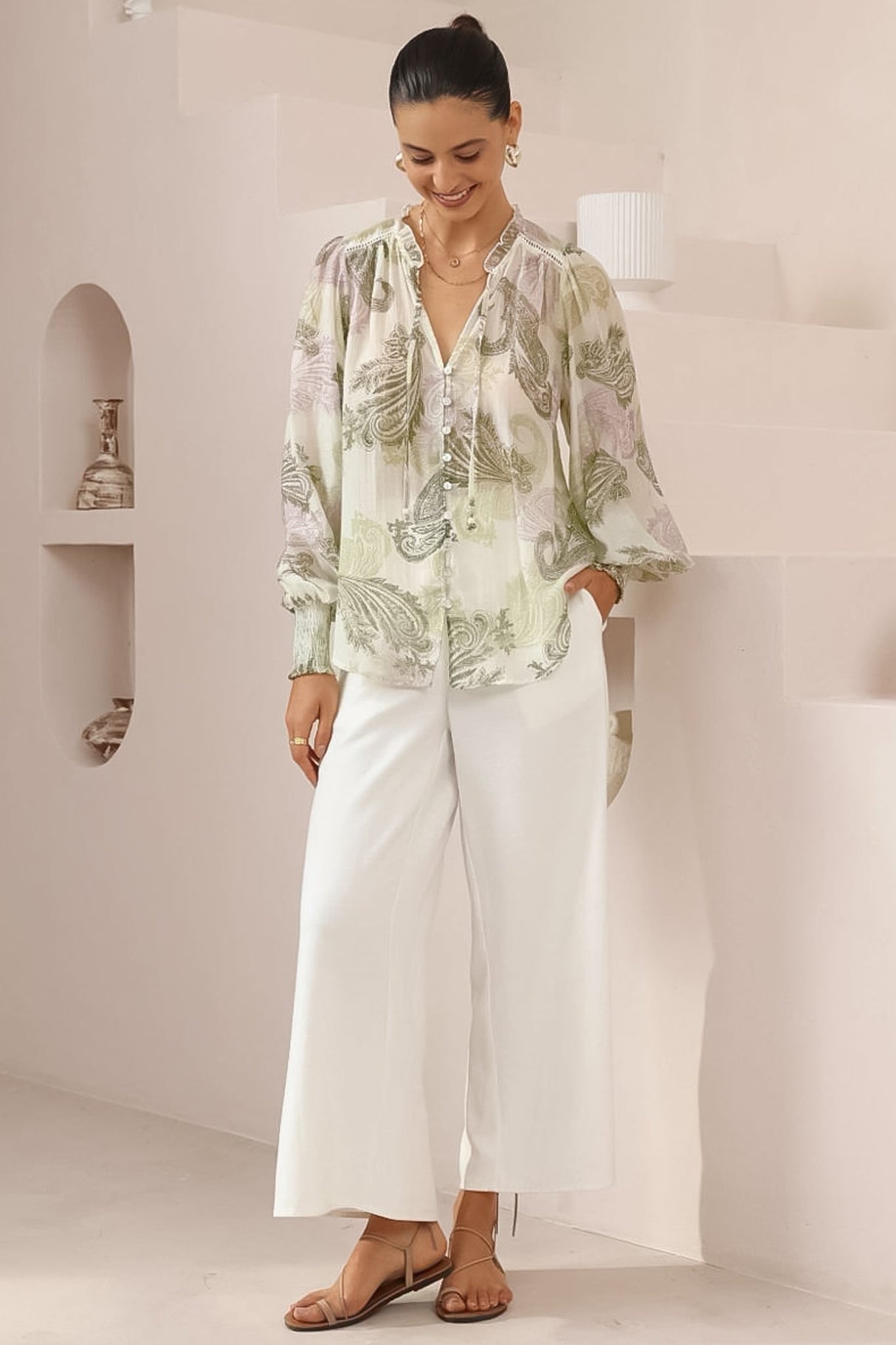 Violet Blouse - Frill Collar Button Down Balloon Sleeve Blouse In Loxley Print