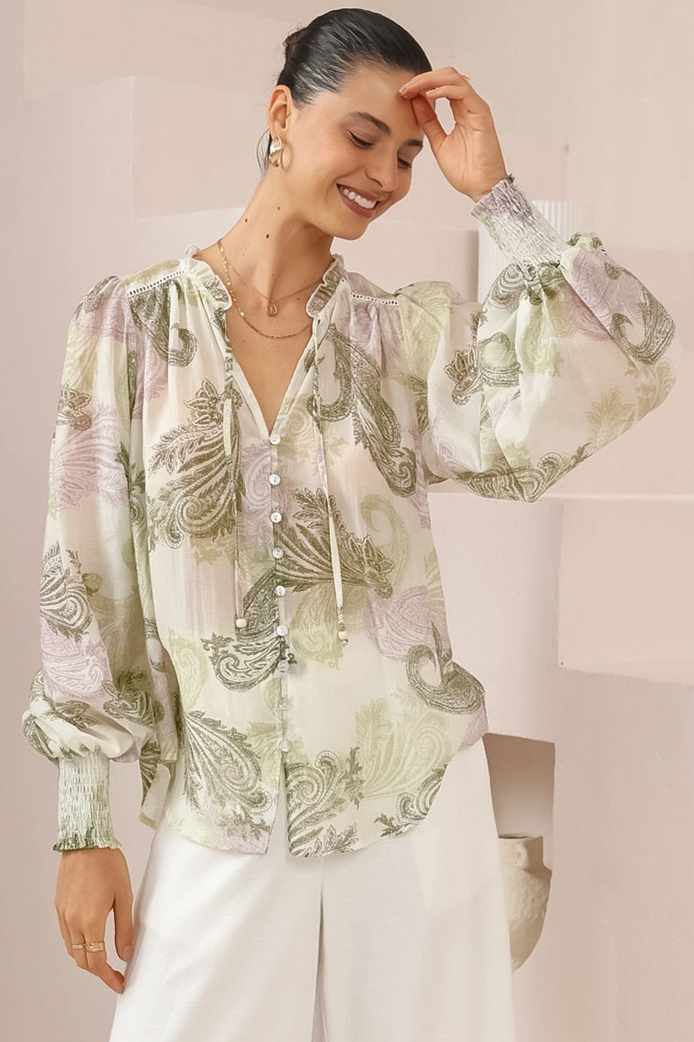 Violet Blouse - Frill Collar Button Down Balloon Sleeve Blouse In Loxley Print