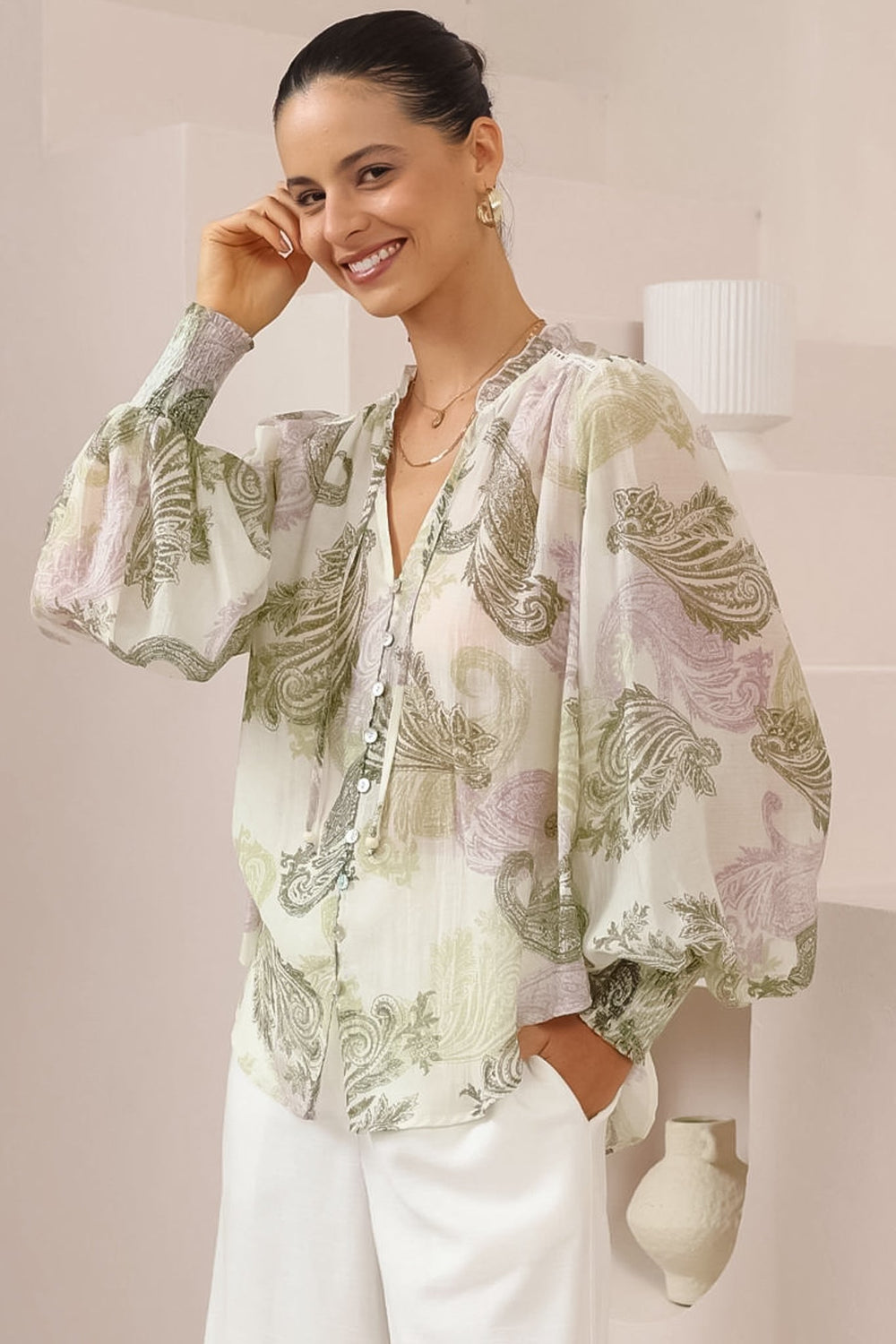 Violet Blouse - Frill Collar Button Down Balloon Sleeve Blouse In Loxley Print