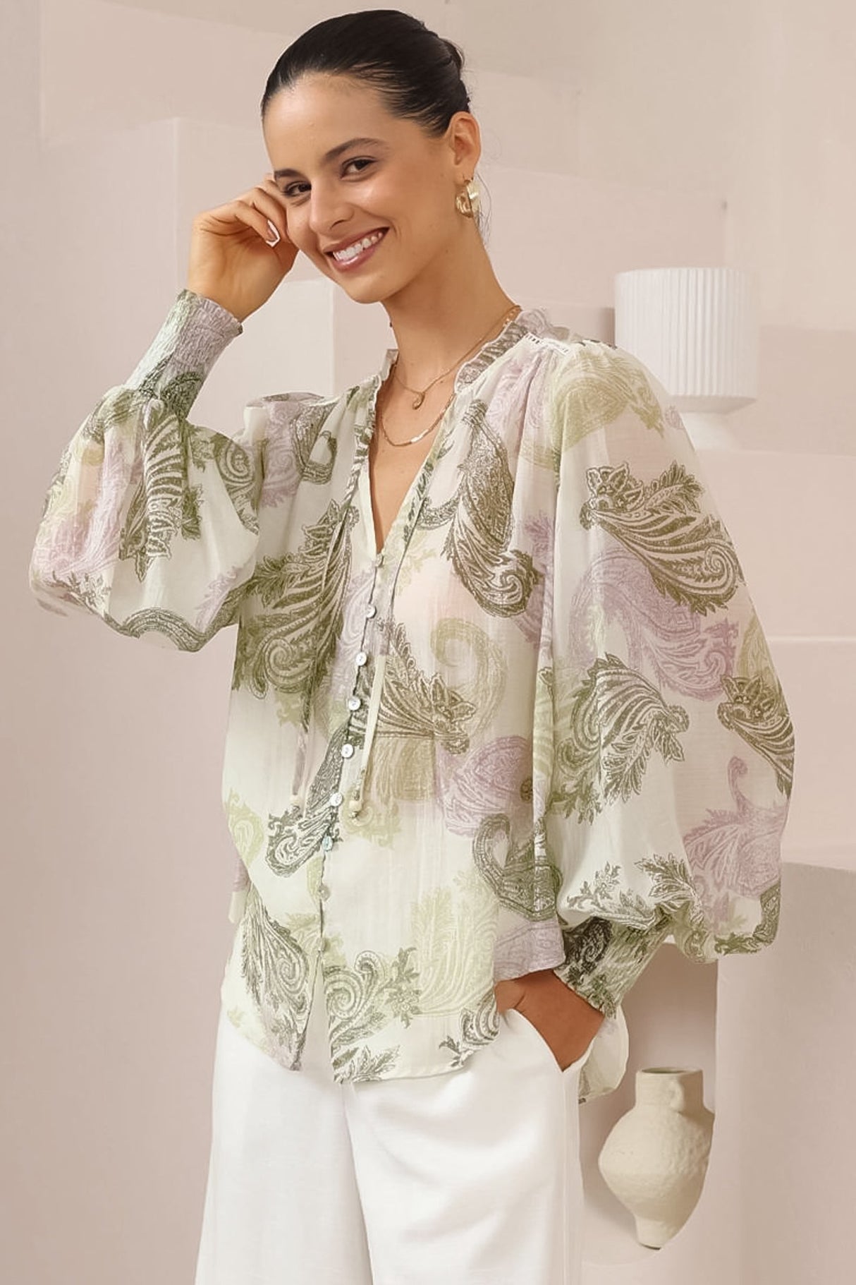 Violet Blouse - Frill Collar Button Down Balloon Sleeve Blouse In Loxley Print