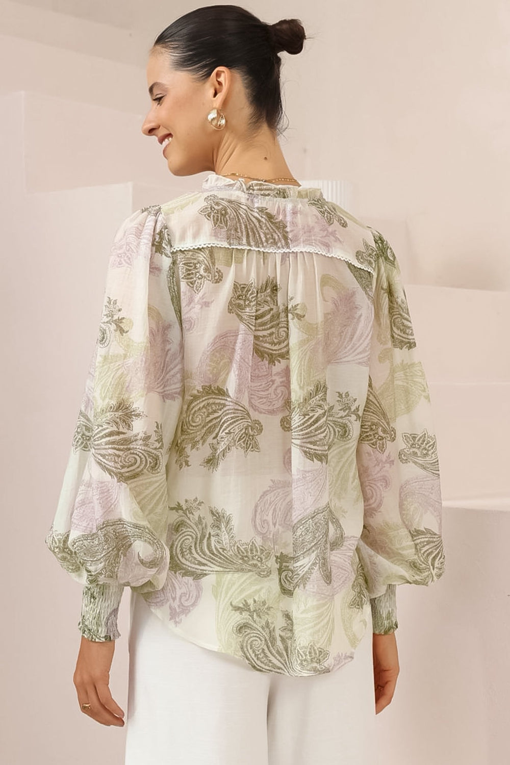 Violet Blouse - Frill Collar Button Down Balloon Sleeve Blouse In Loxley Print