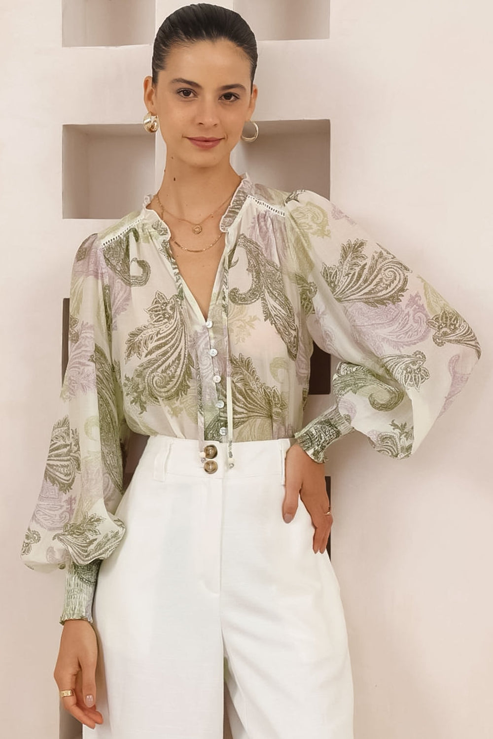 Violet Blouse - Frill Collar Button Down Balloon Sleeve Blouse In Loxley Print