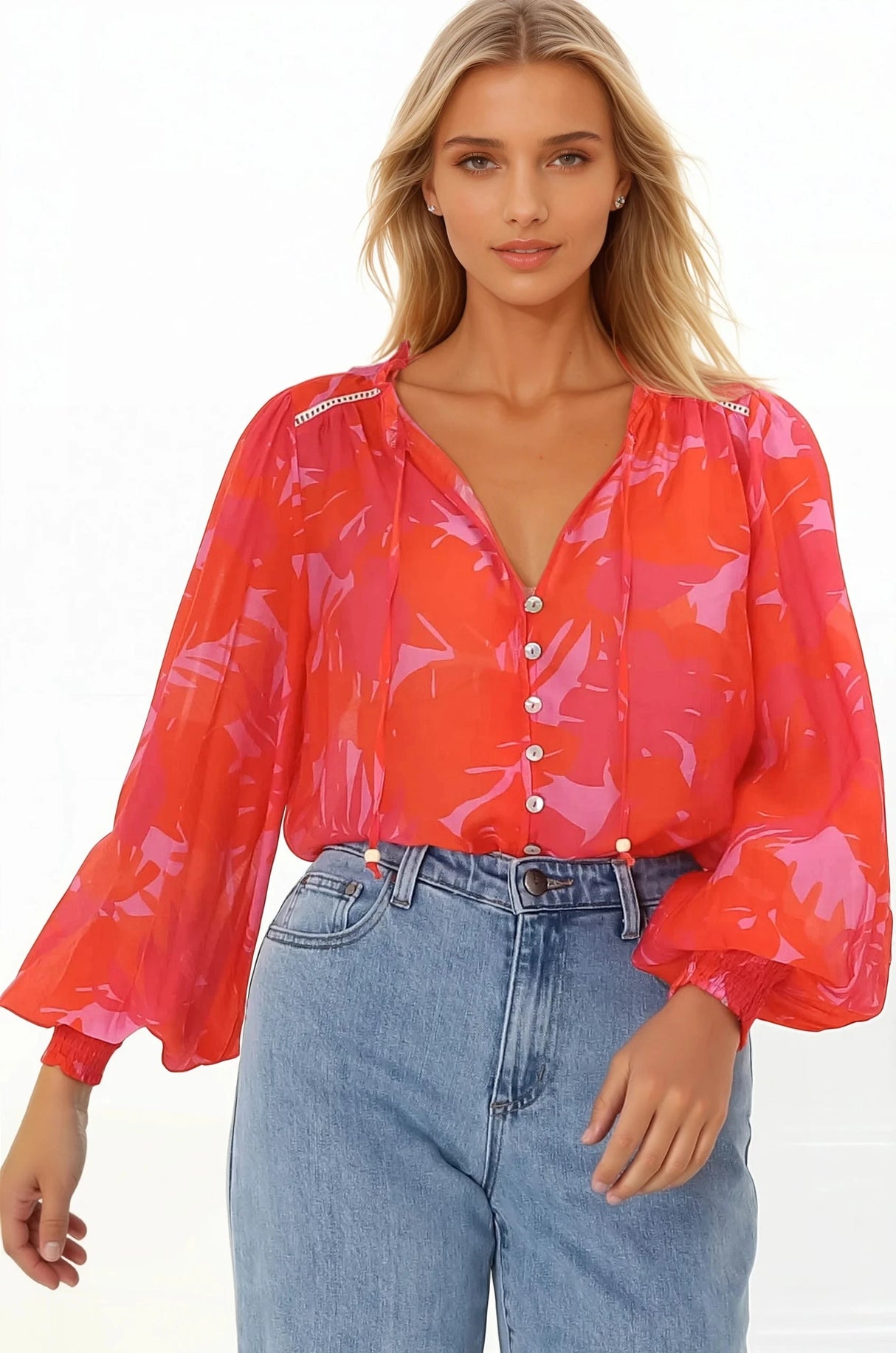 Violet Blouse - Frill Collar Button Down Balloon Sleeve Blouse In Vallie Print