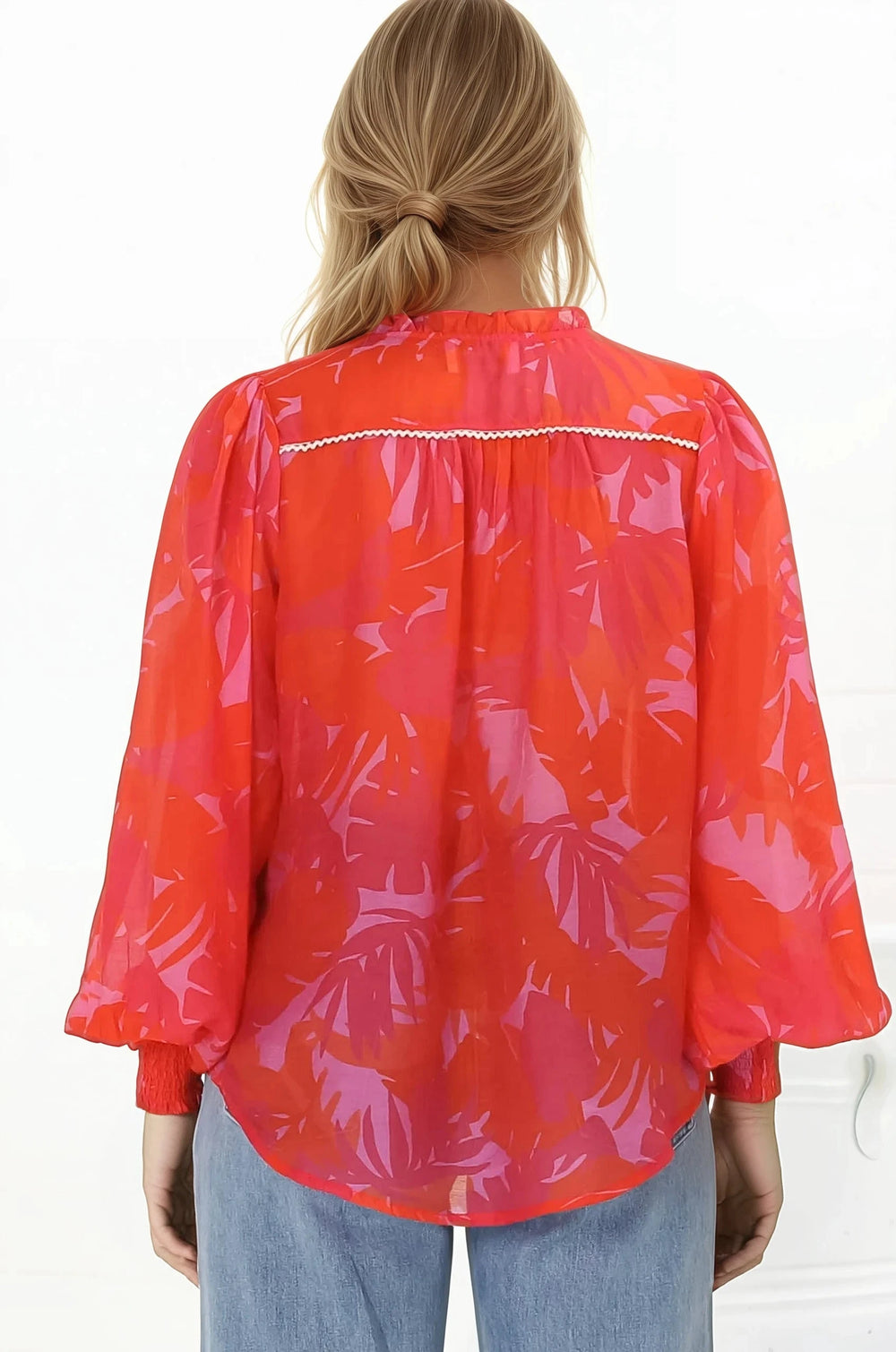 Violet Blouse - Frill Collar Button Down Balloon Sleeve Blouse In Vallie Print