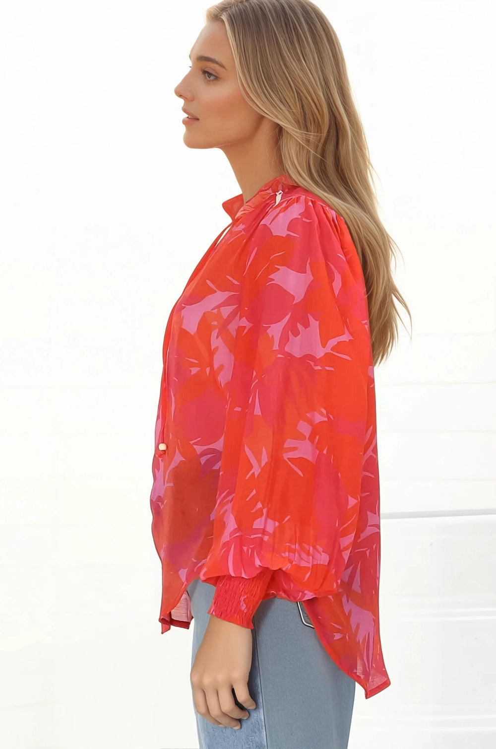 Violet Blouse - Frill Collar Button Down Balloon Sleeve Blouse In Vallie Print