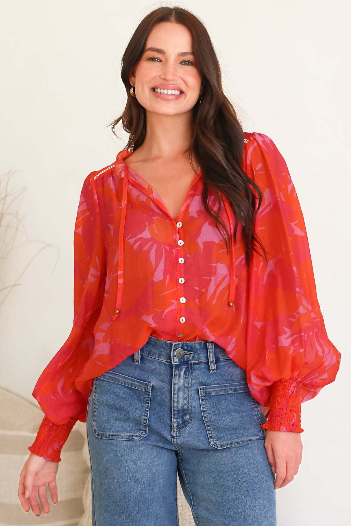 Violet Blouse - Frill Collar Button Down Balloon Sleeve Blouse In Vallie Print