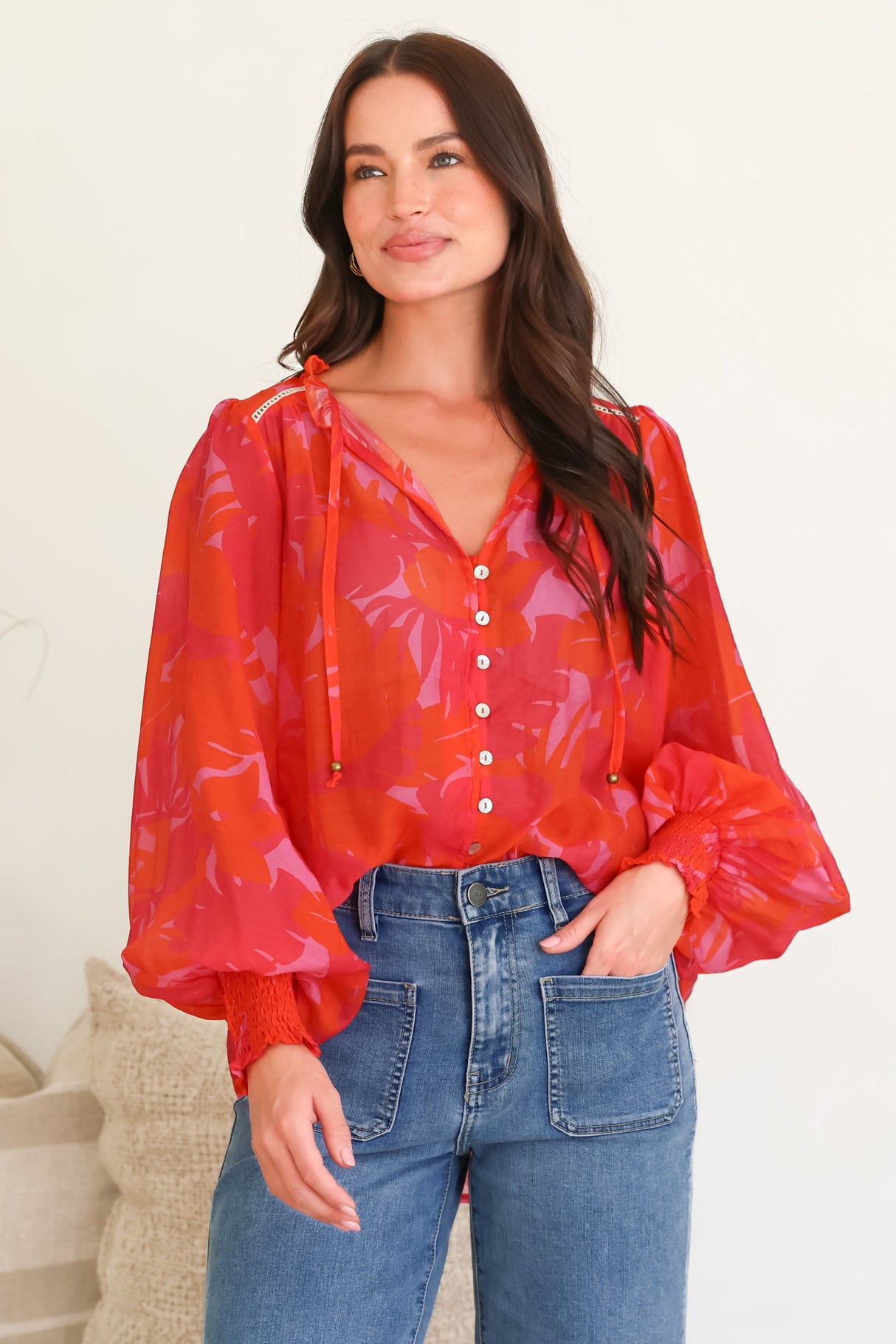 Violet Blouse - Frill Collar Button Down Balloon Sleeve Blouse In Vallie Print