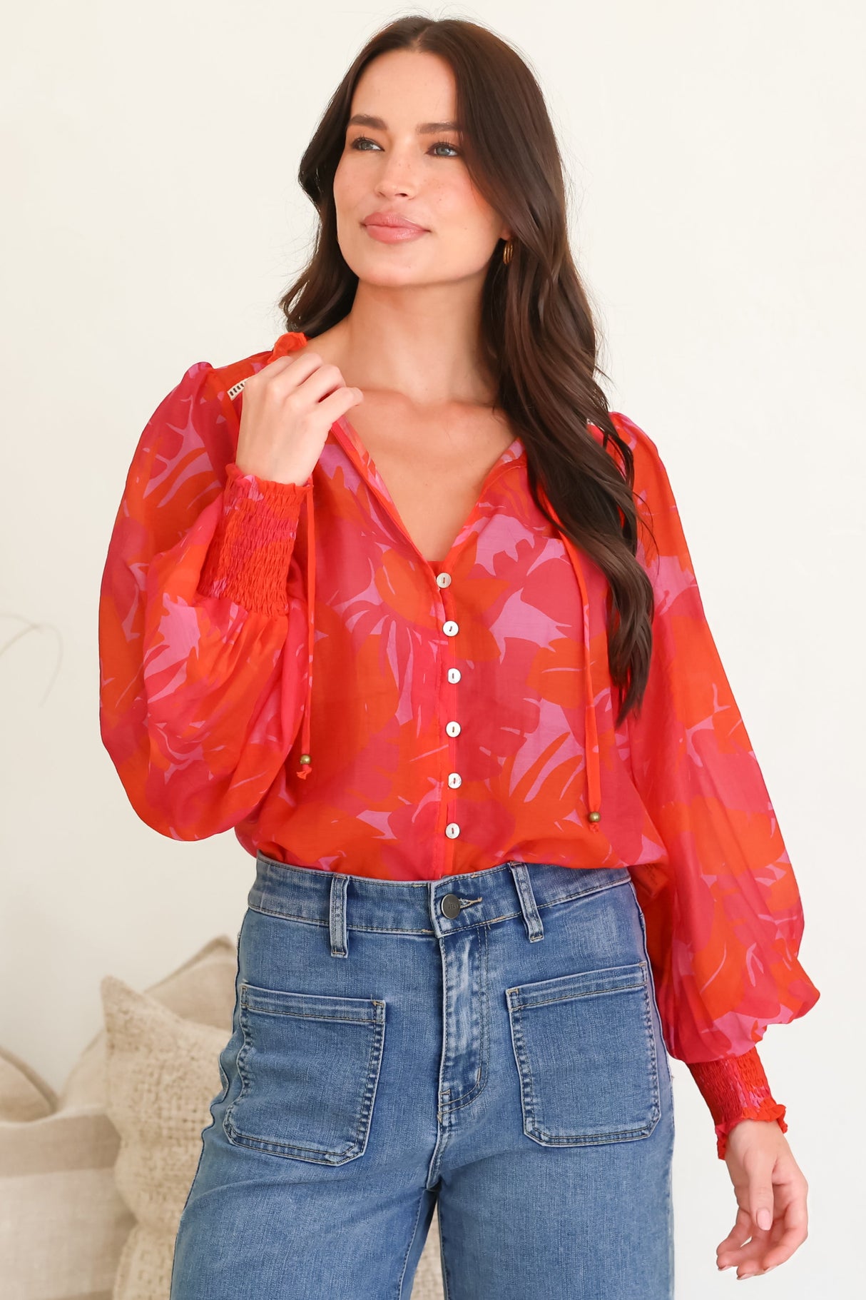 Violet Blouse - Frill Collar Button Down Balloon Sleeve Blouse In Vallie Print