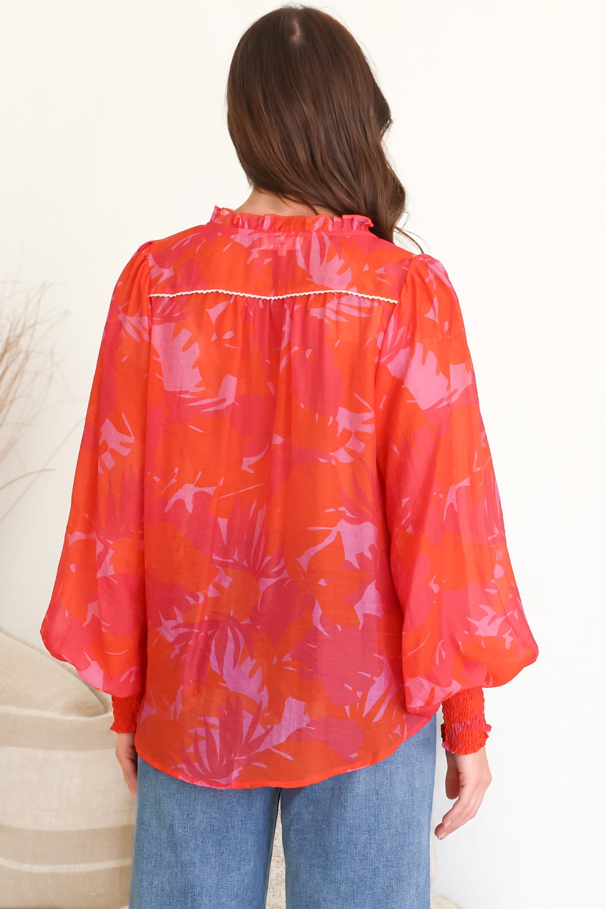 Violet Blouse - Frill Collar Button Down Balloon Sleeve Blouse In Vallie Print