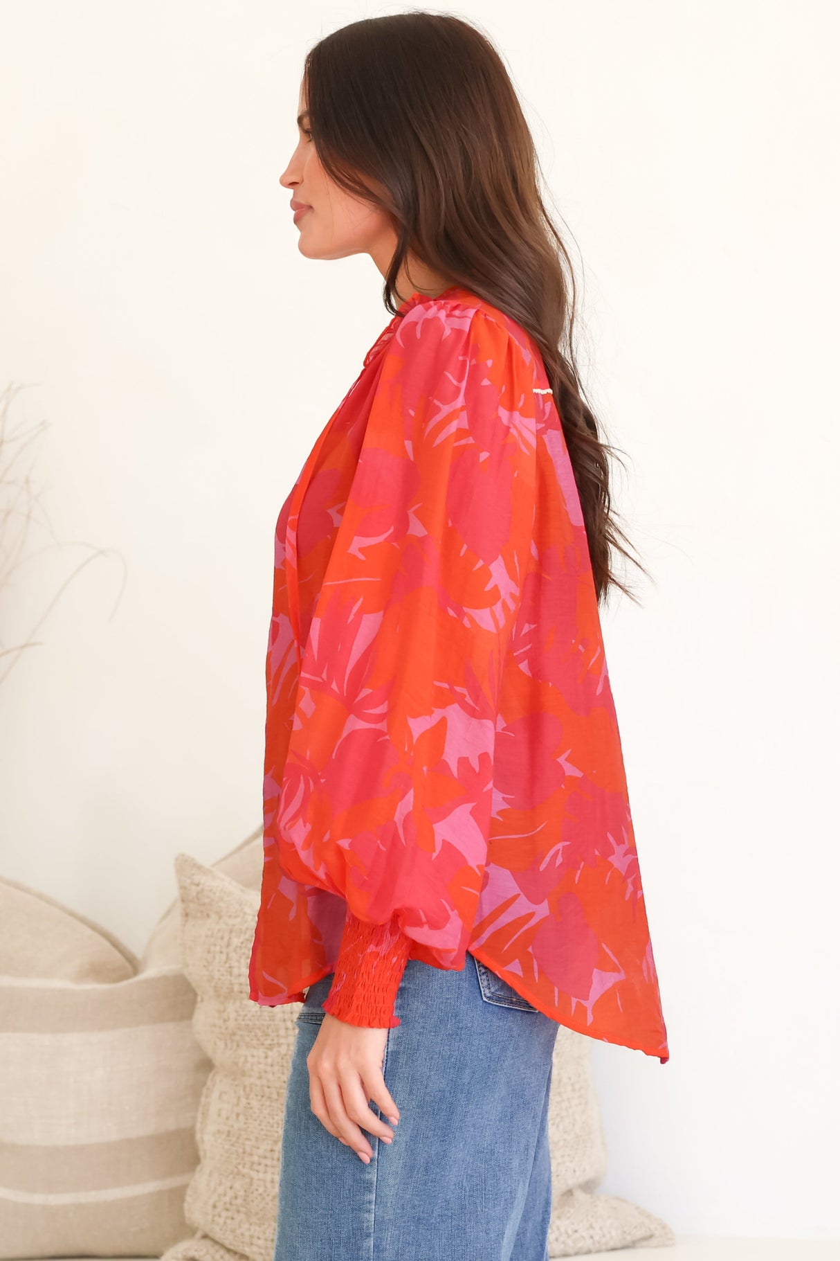 Violet Blouse - Frill Collar Button Down Balloon Sleeve Blouse In Vallie Print