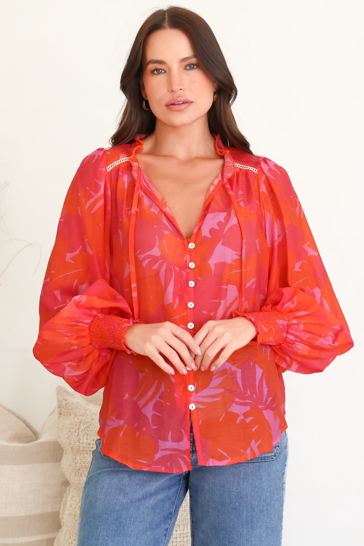 Violet Blouse - Frill Collar Button Down Balloon Sleeve Blouse In Vallie Print