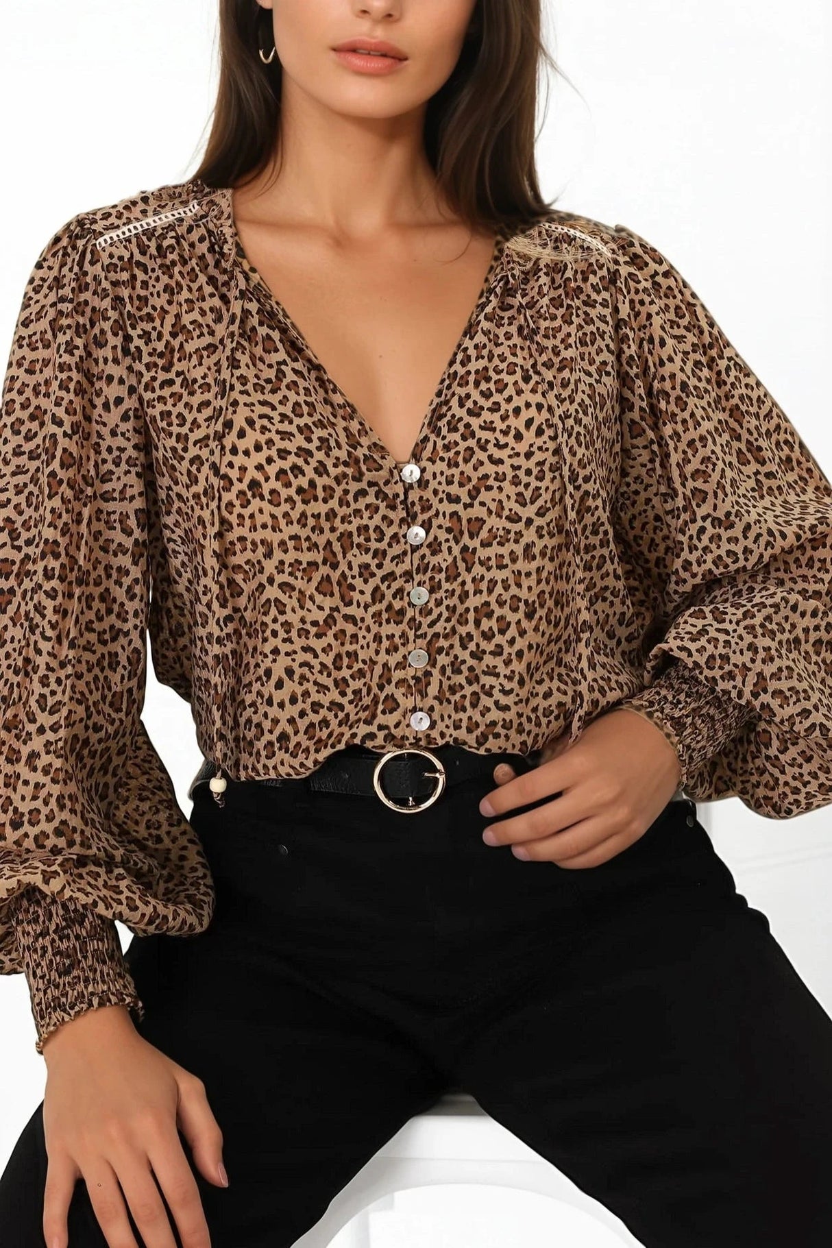 Violet Blouse - Frill Collar Button Down Balloon Sleeve Blouse In Wyatt Print