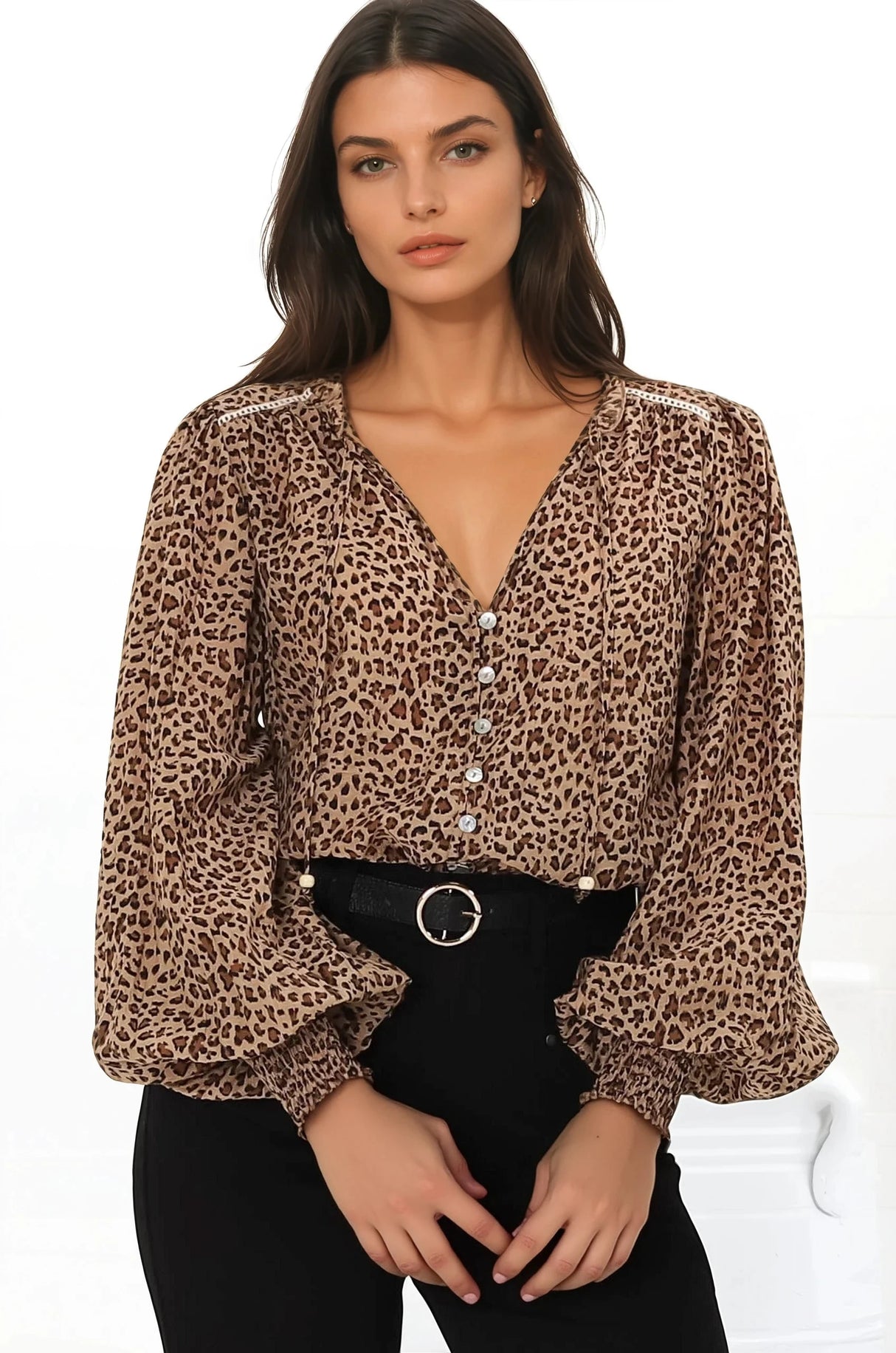 Violet Blouse - Frill Collar Button Down Balloon Sleeve Blouse In Wyatt Print