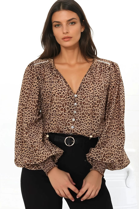 Violet Blouse - Frill Collar Button Down Balloon Sleeve Blouse In Wyatt Print