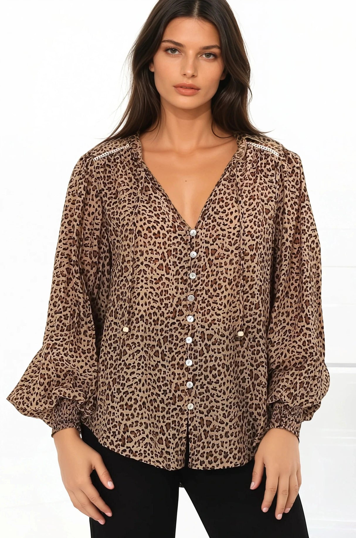 Violet Blouse - Frill Collar Button Down Balloon Sleeve Blouse In Wyatt Print