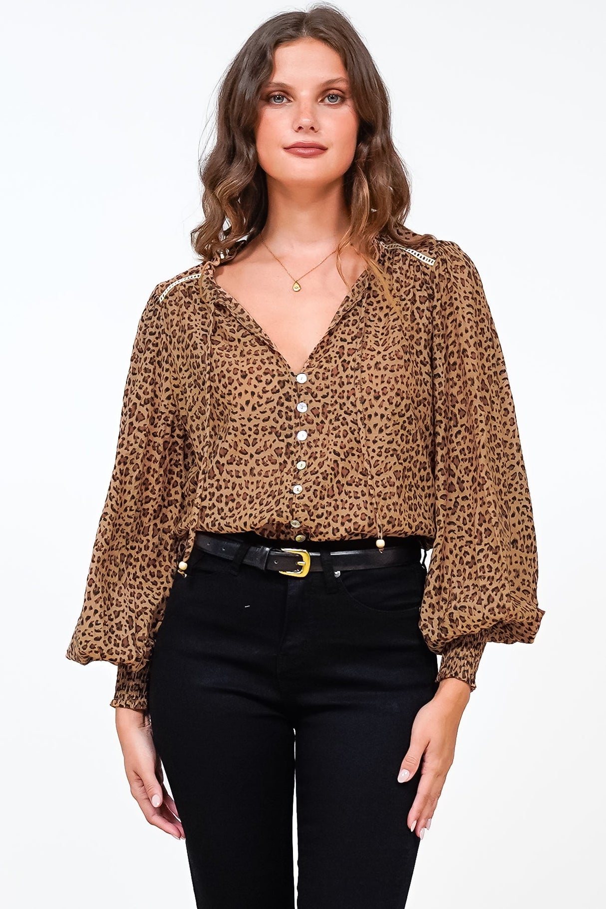 Violet Blouse - Frill Collar Button Down Balloon Sleeve Blouse In Wyatt Print