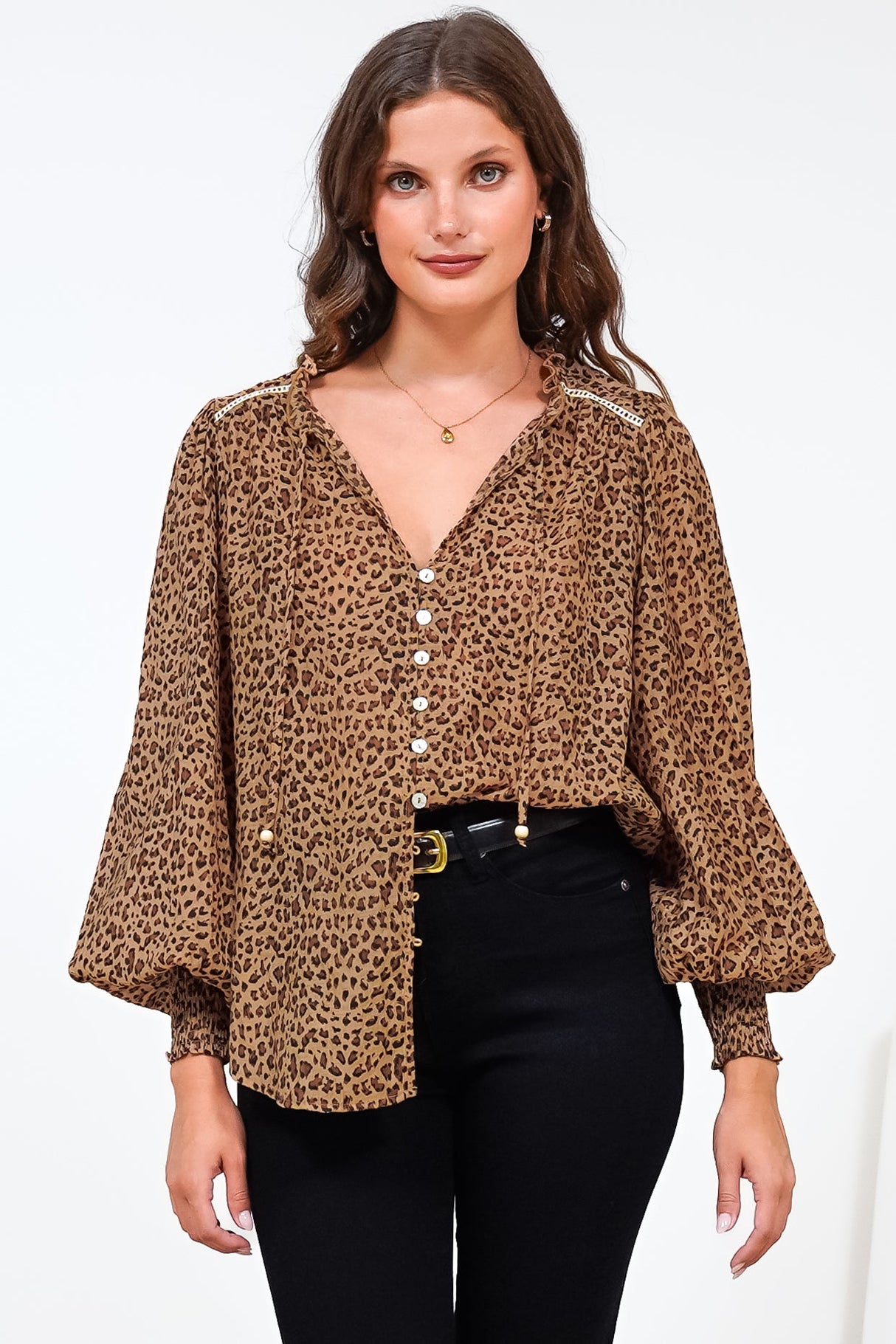 Violet Blouse - Frill Collar Button Down Balloon Sleeve Blouse In Wyatt Print