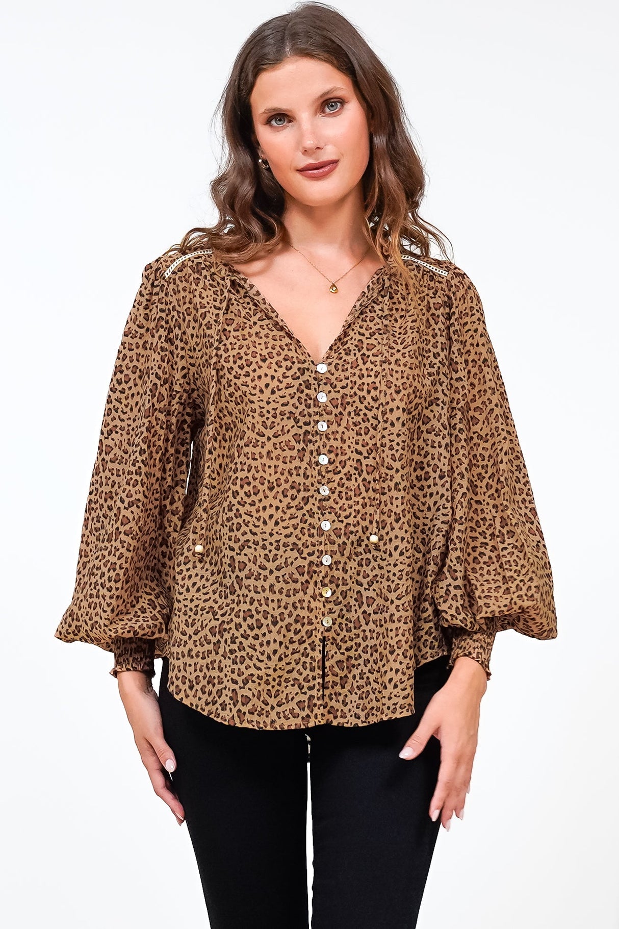 Violet Blouse - Frill Collar Button Down Balloon Sleeve Blouse In Wyatt Print