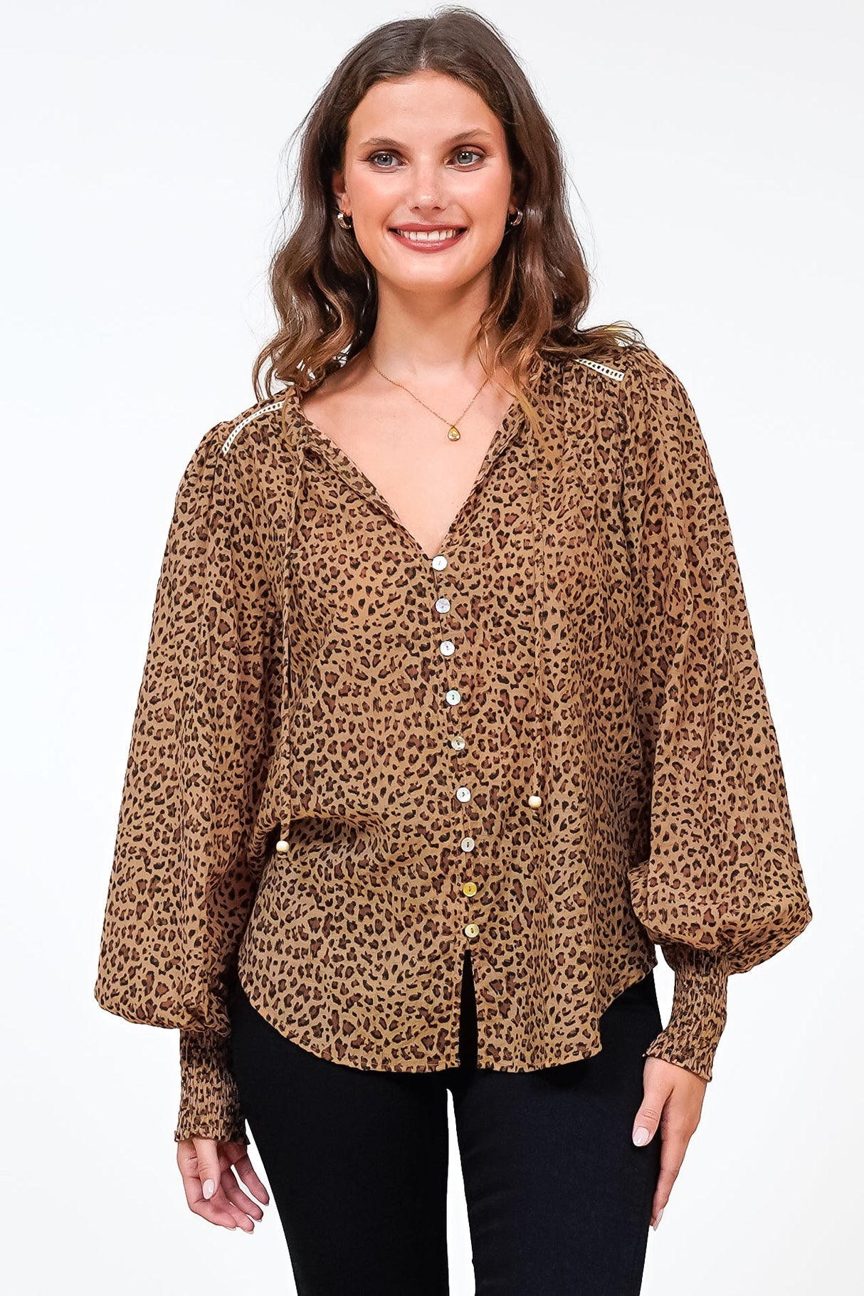 Violet Blouse - Frill Collar Button Down Balloon Sleeve Blouse In Wyatt Print