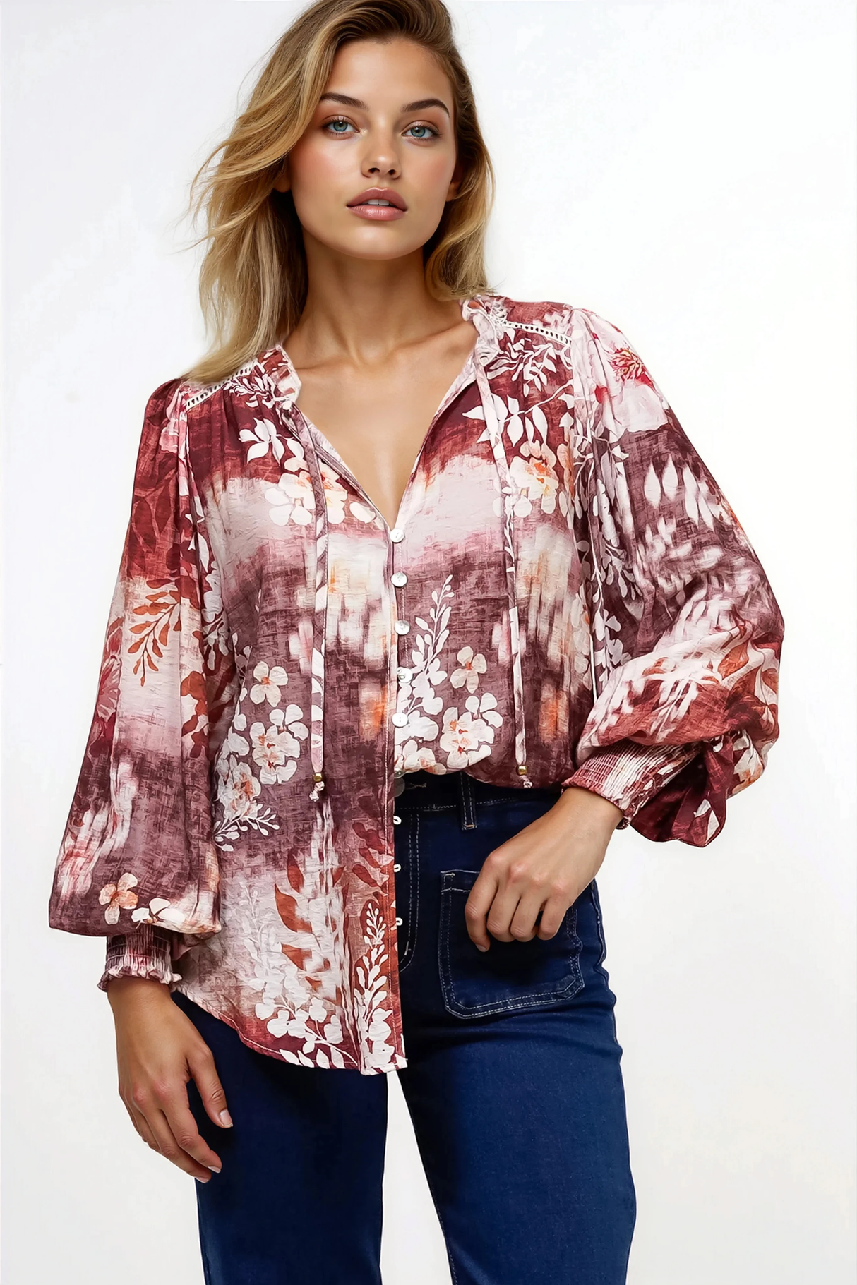 Violet Blouse - Frill Collar Button Down Balloon Sleeve Blouse In Ashara Print