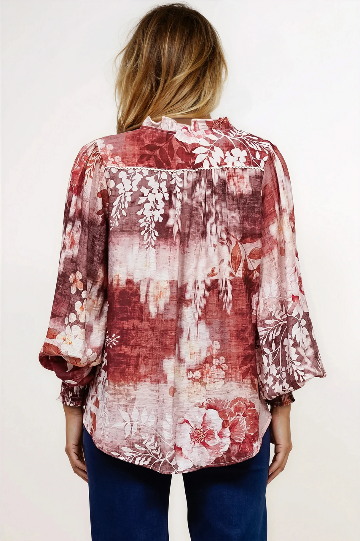 Violet Blouse - Frill Collar Button Down Balloon Sleeve Blouse In Ashara Print